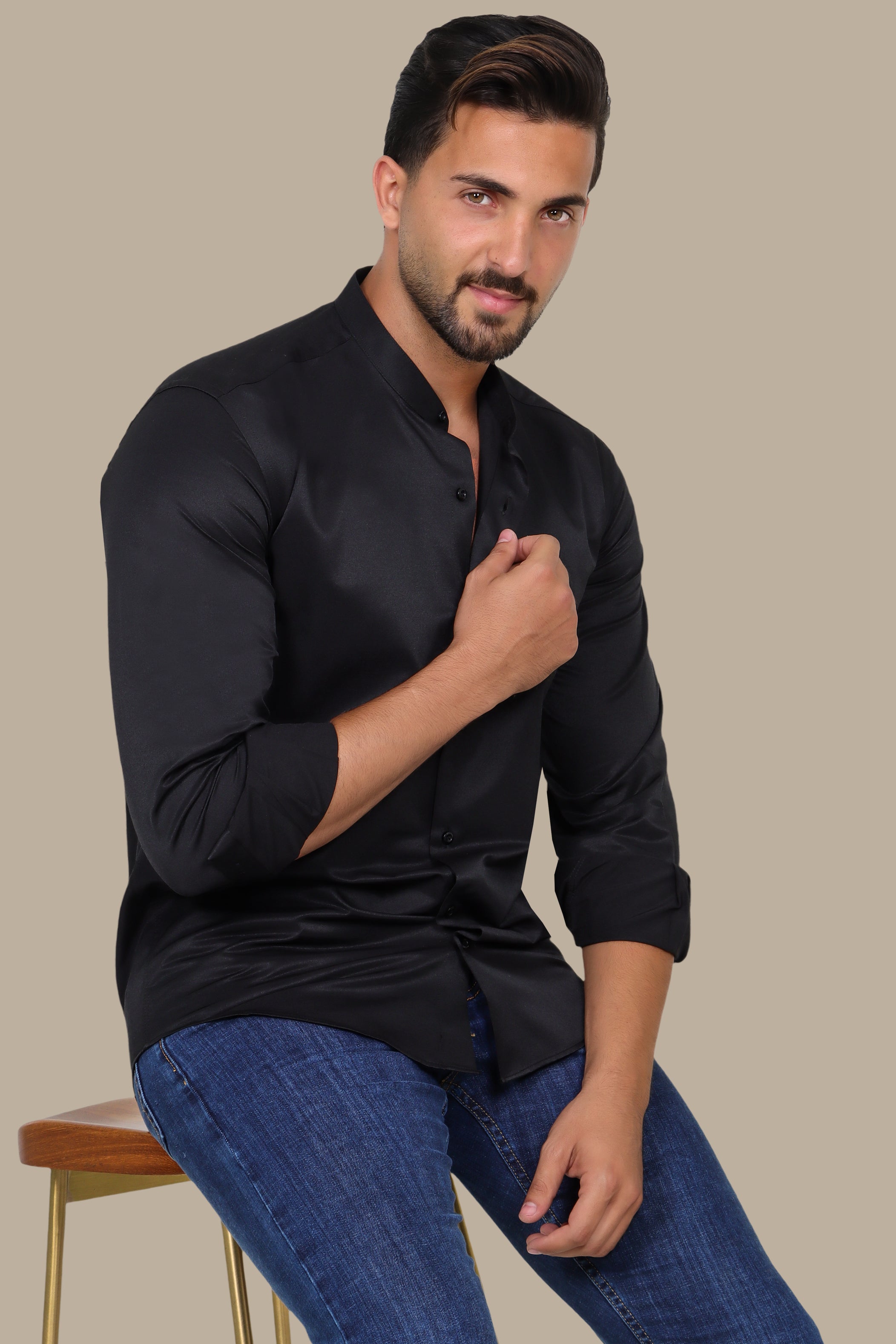 Black Poplin Slim Shirt with Mao Collar