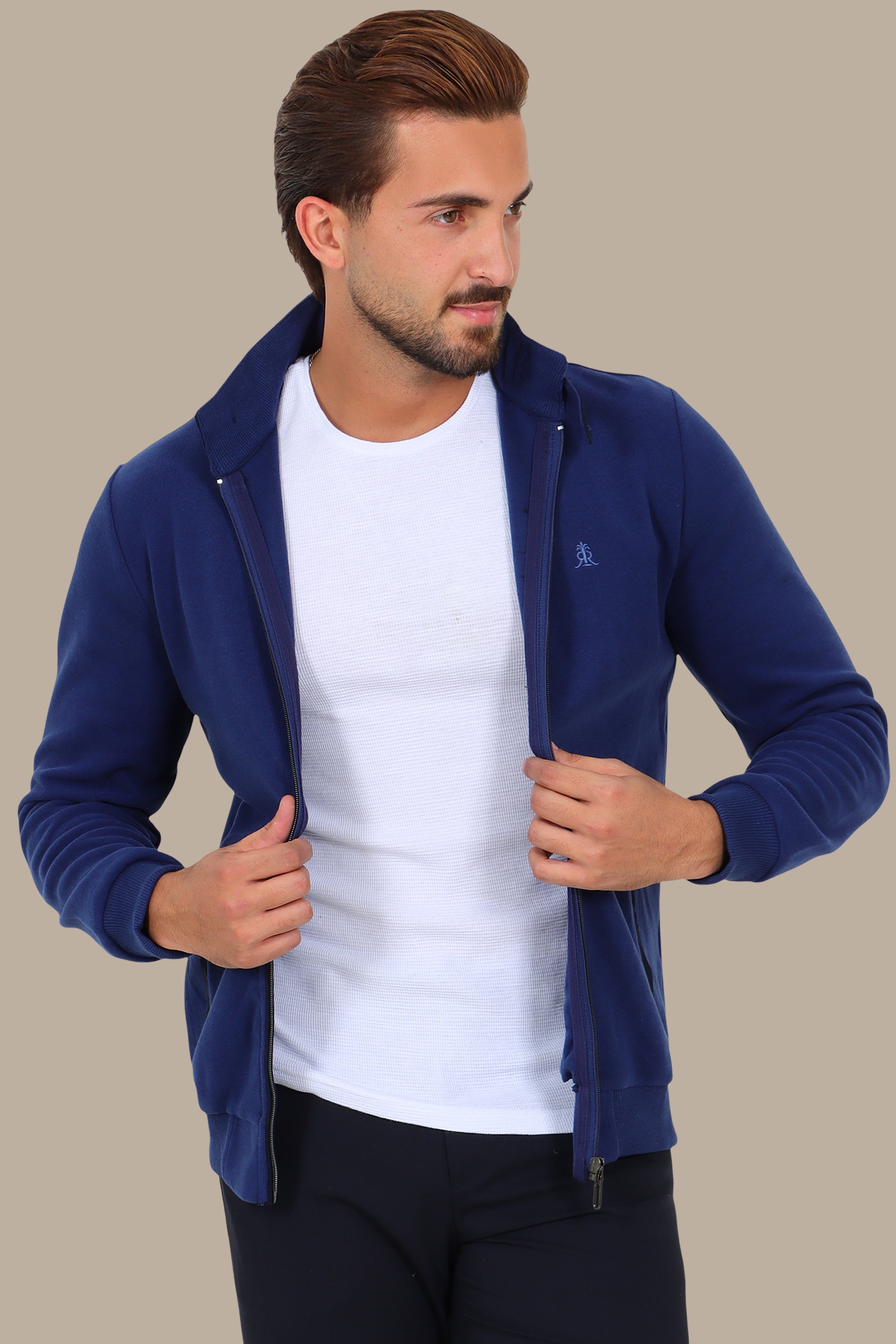 Blue Full-Zip Cardigan with Velvet Collar and Buttons