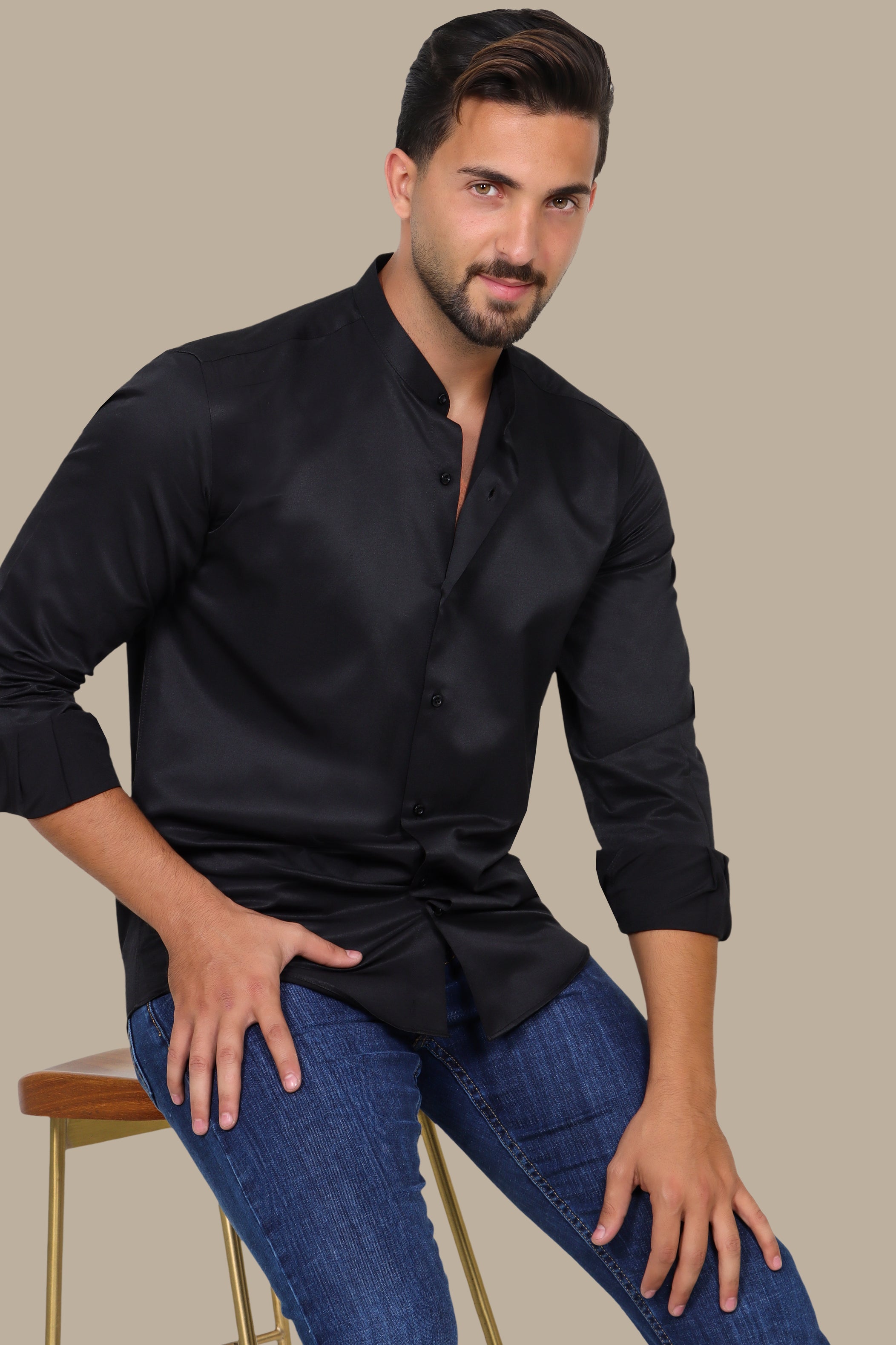 Black Poplin Slim Shirt with Mao Collar