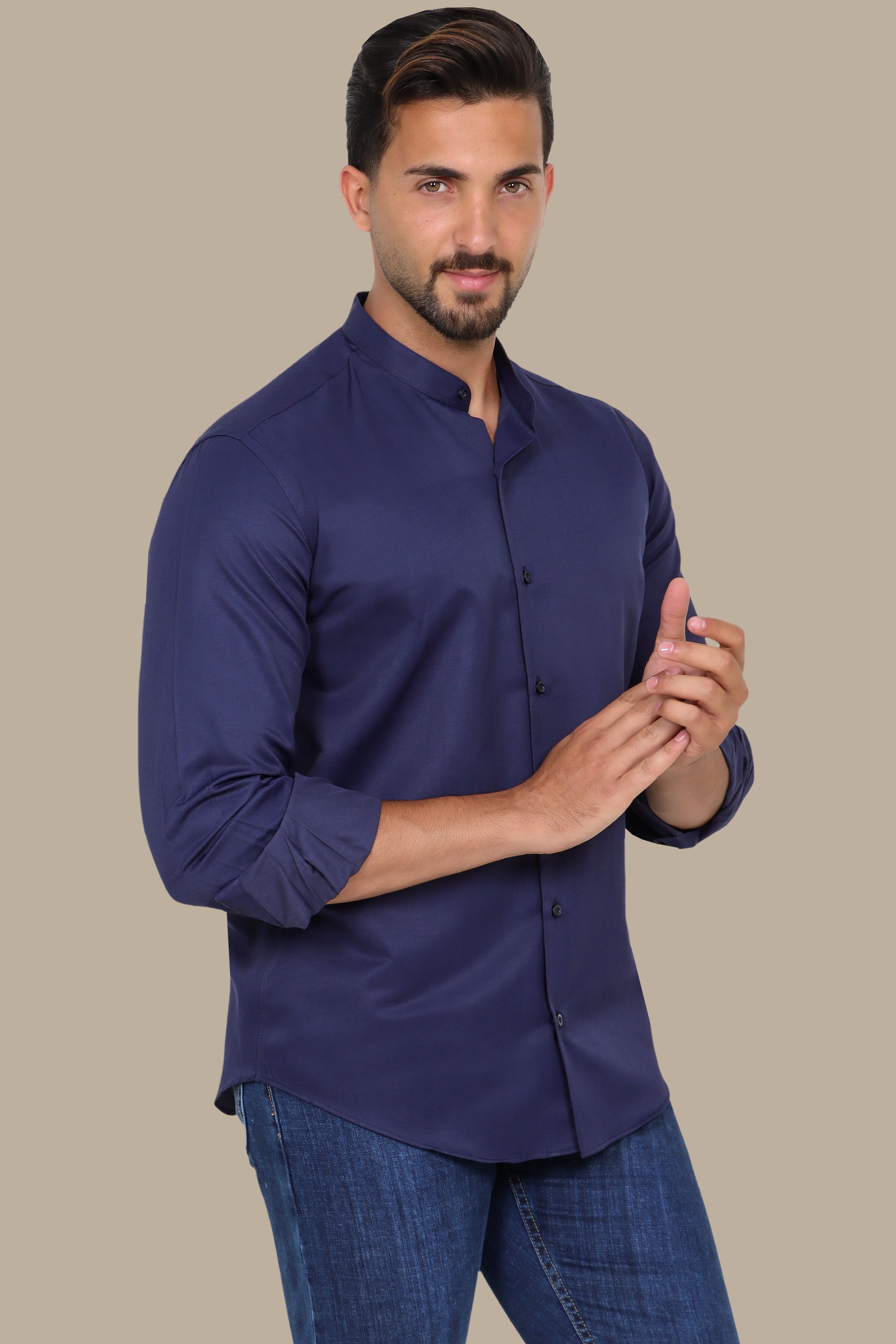 Navy Poplin Slim Shirt with Mao Collar