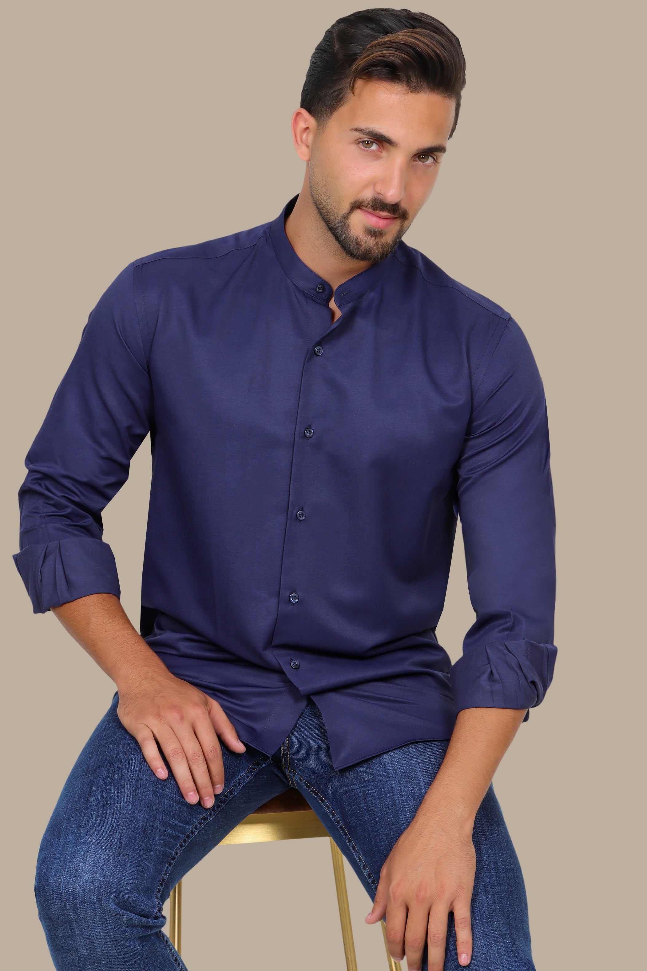 Navy Poplin Slim Shirt with Mao Collar
