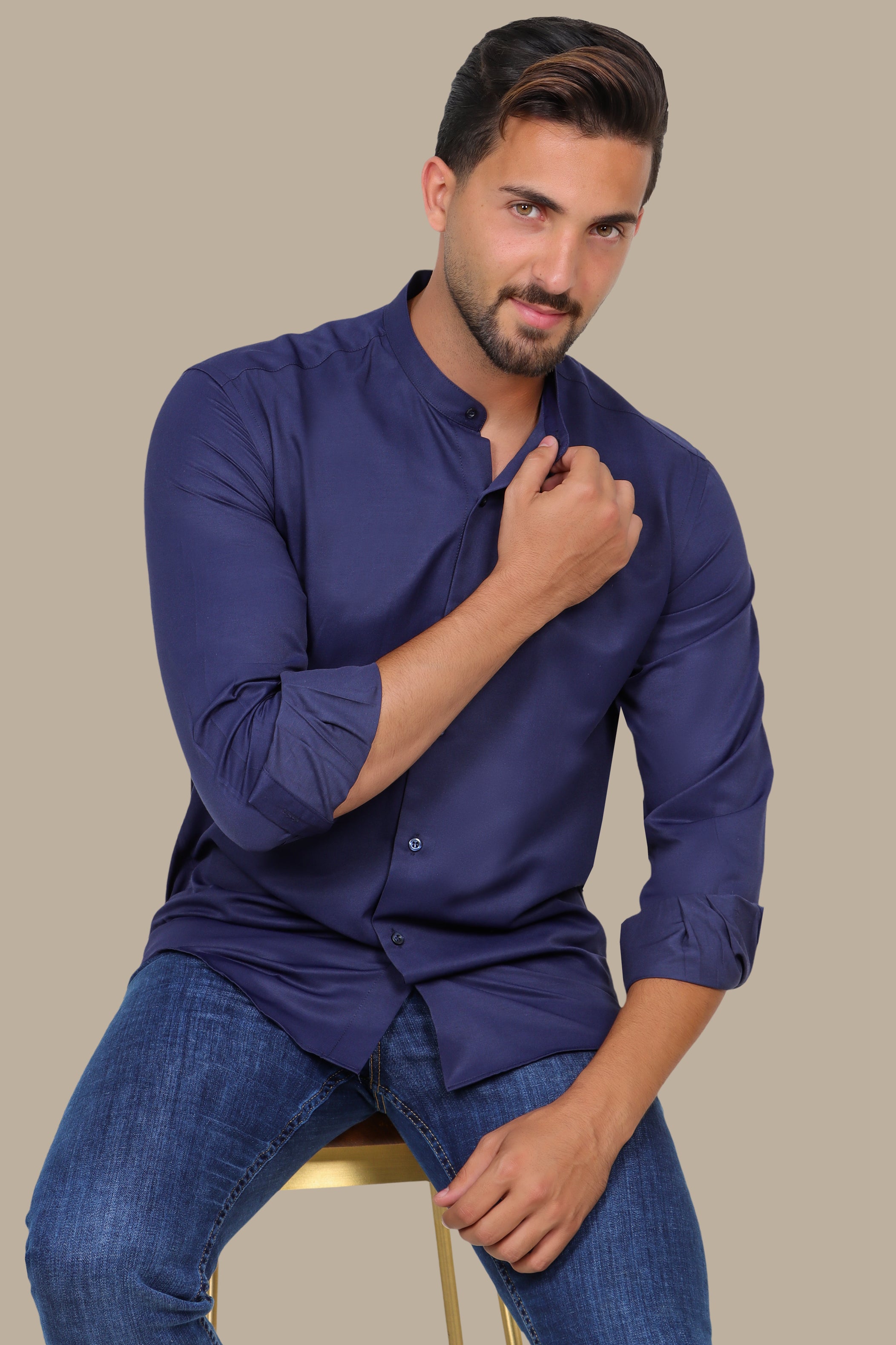 Navy Poplin Slim Shirt with Mao Collar
