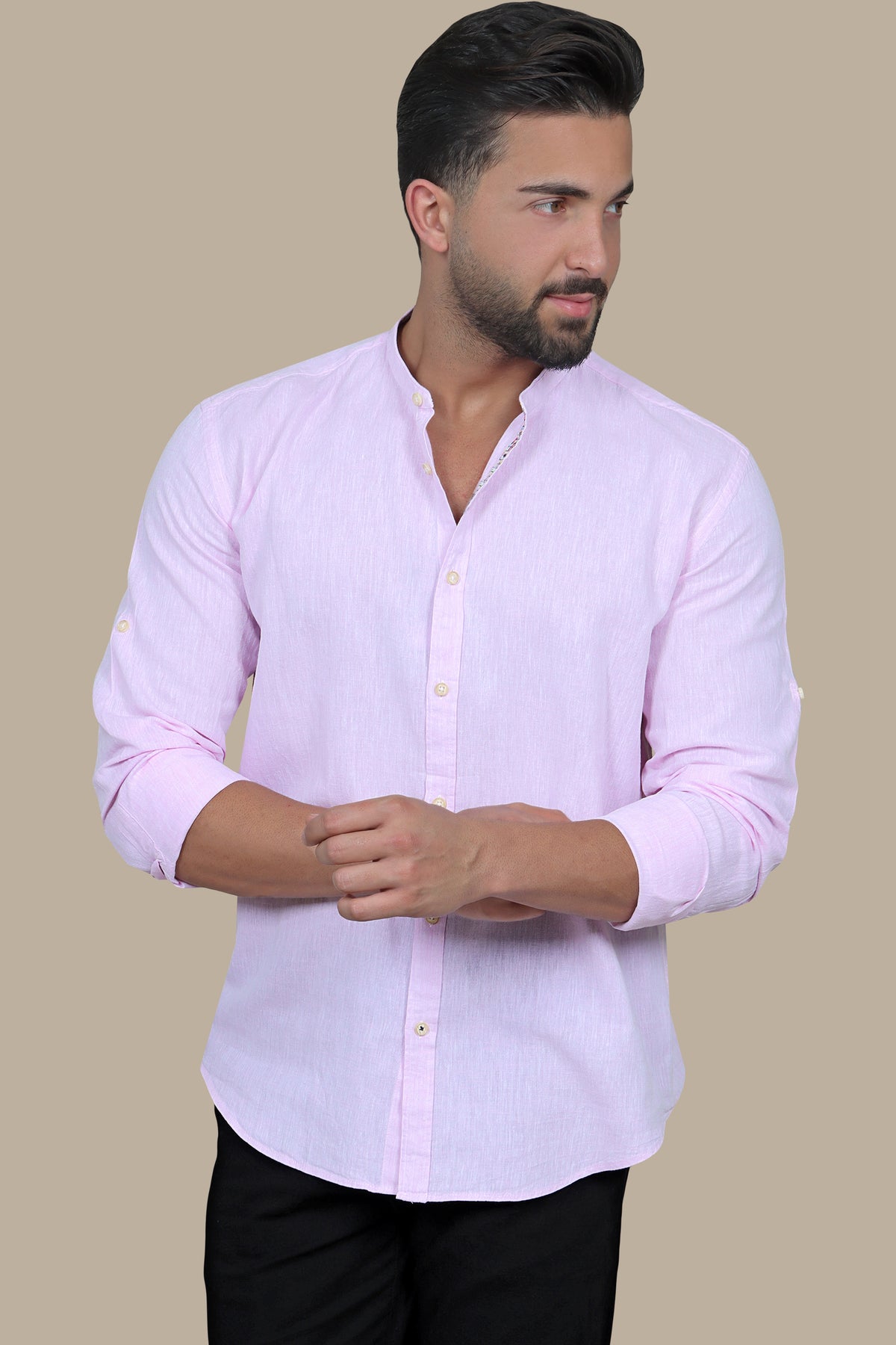 Linen Mao Collar Shirt with Printed Inner Collar
