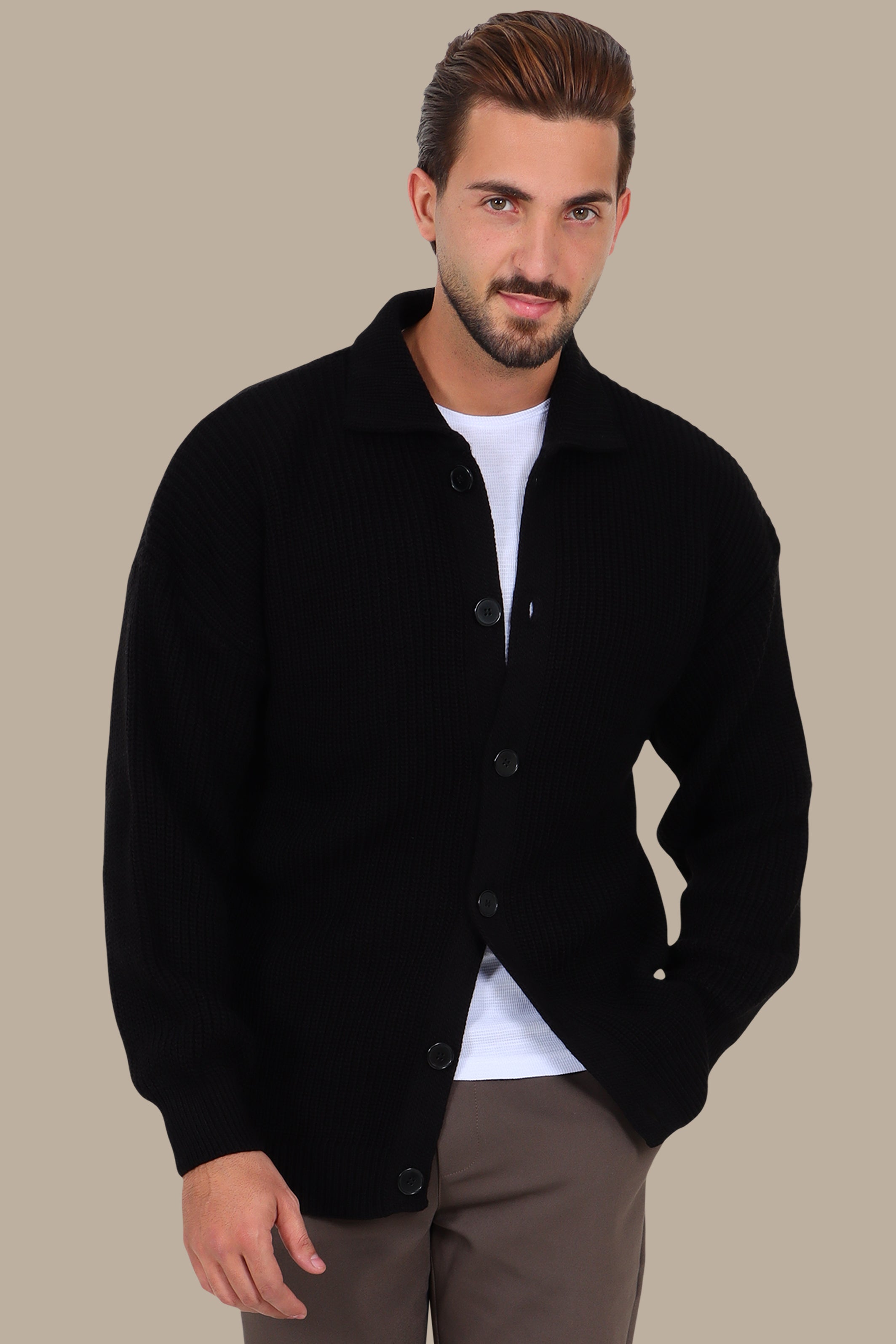 Black Mercerized Cardigan with Full Buttons