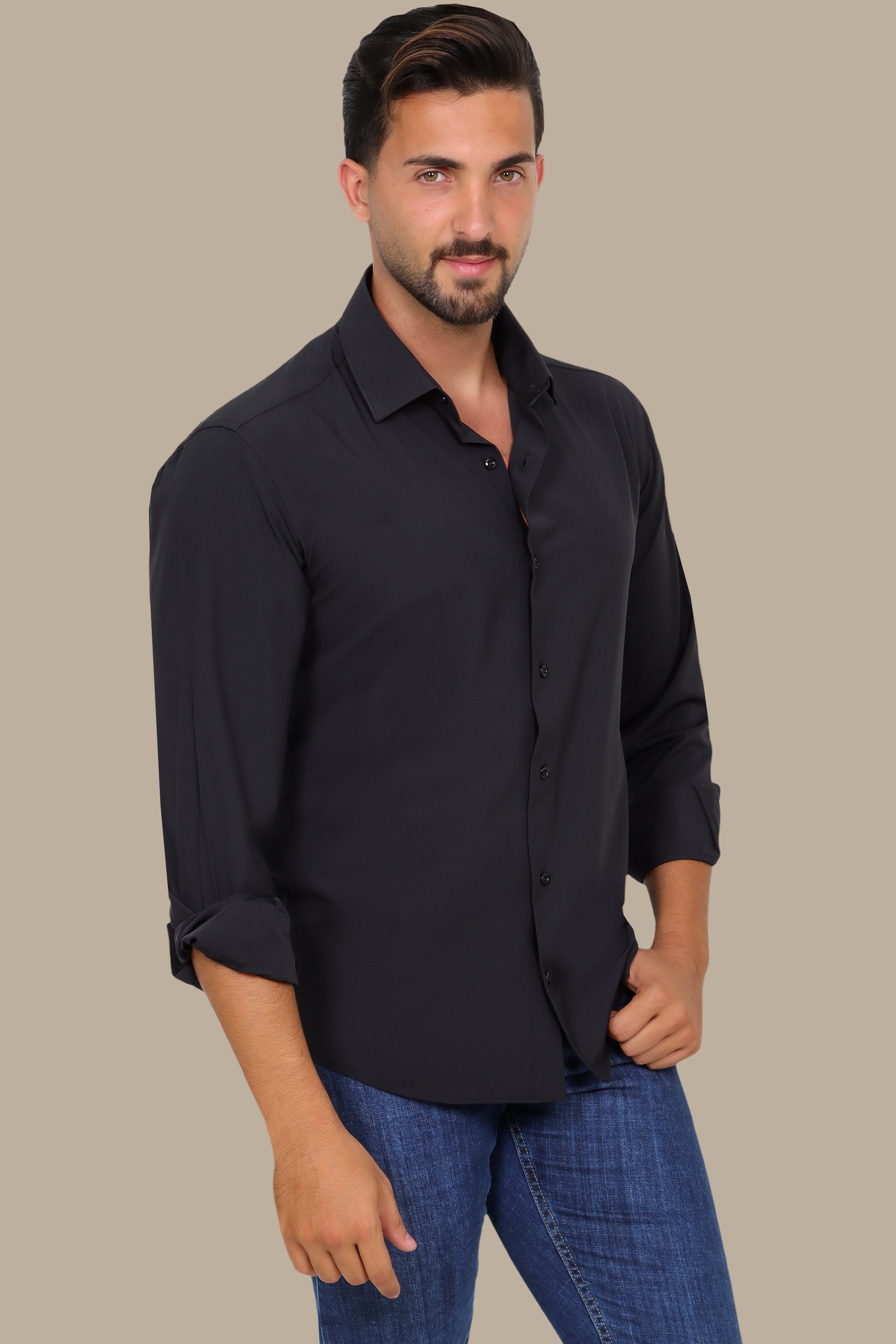 Black Poplin Slim Shirt with River Collar