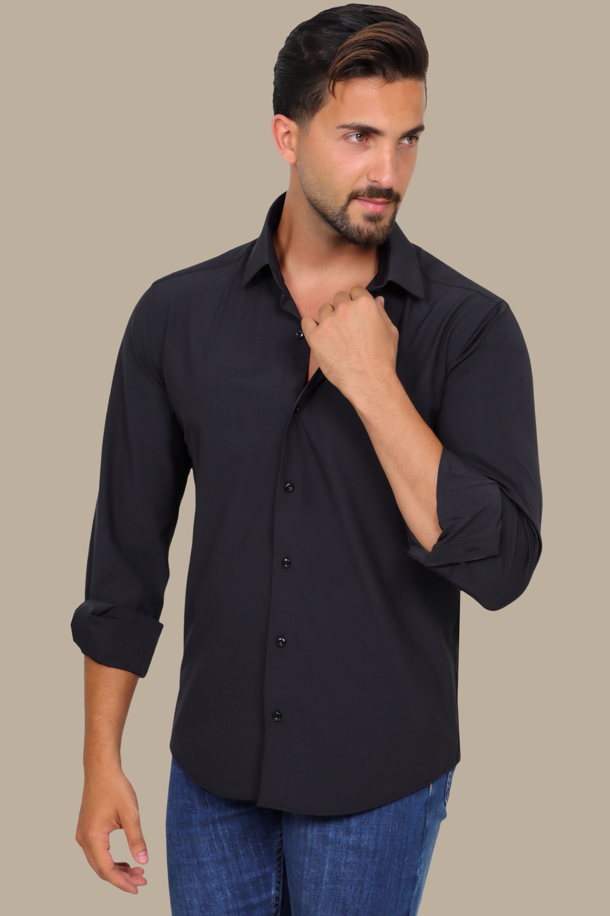 Black Poplin Slim Shirt with River Collar
