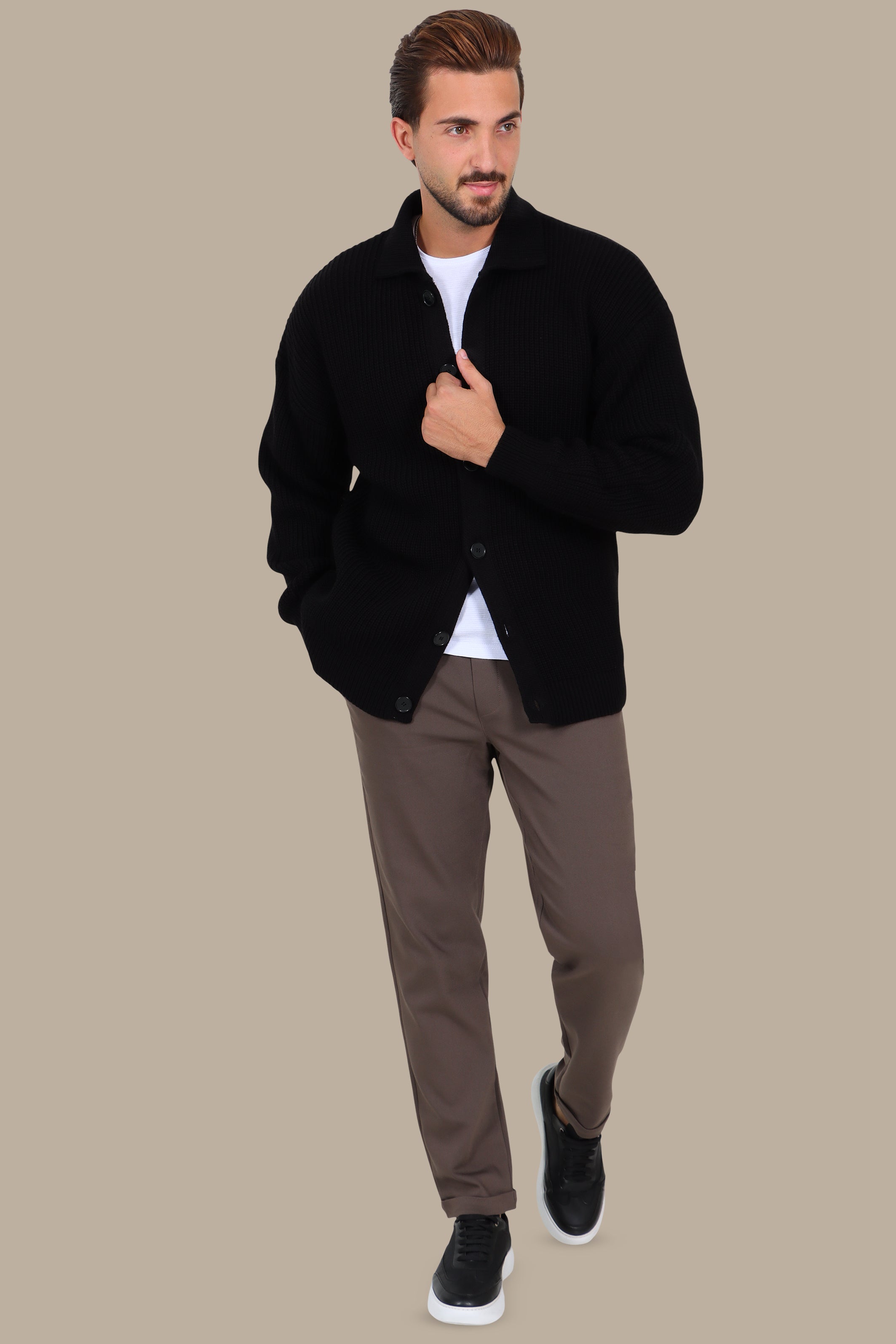 Black Mercerized Cardigan with Full Buttons