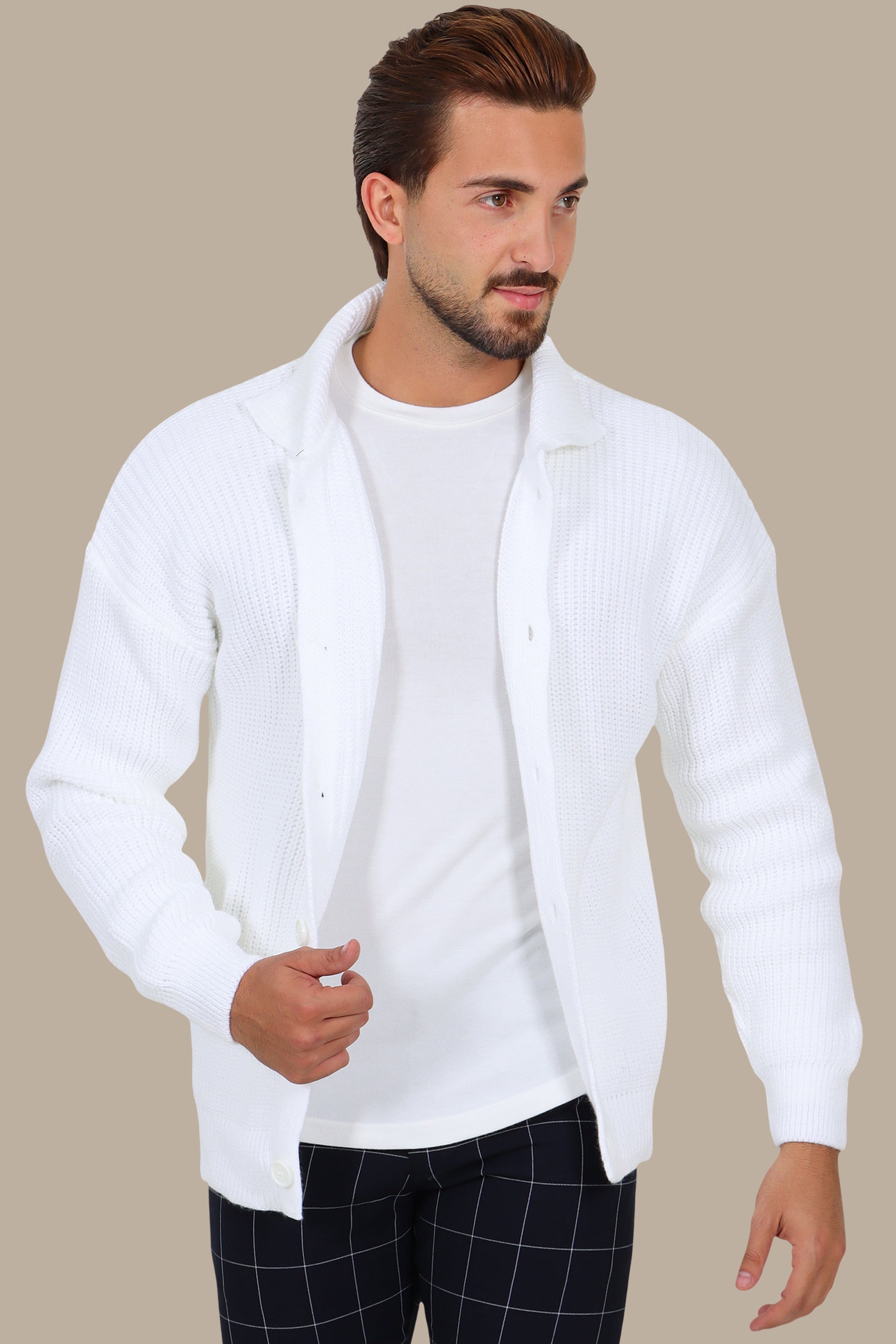 White Mercerized Cardigan with Full Buttons