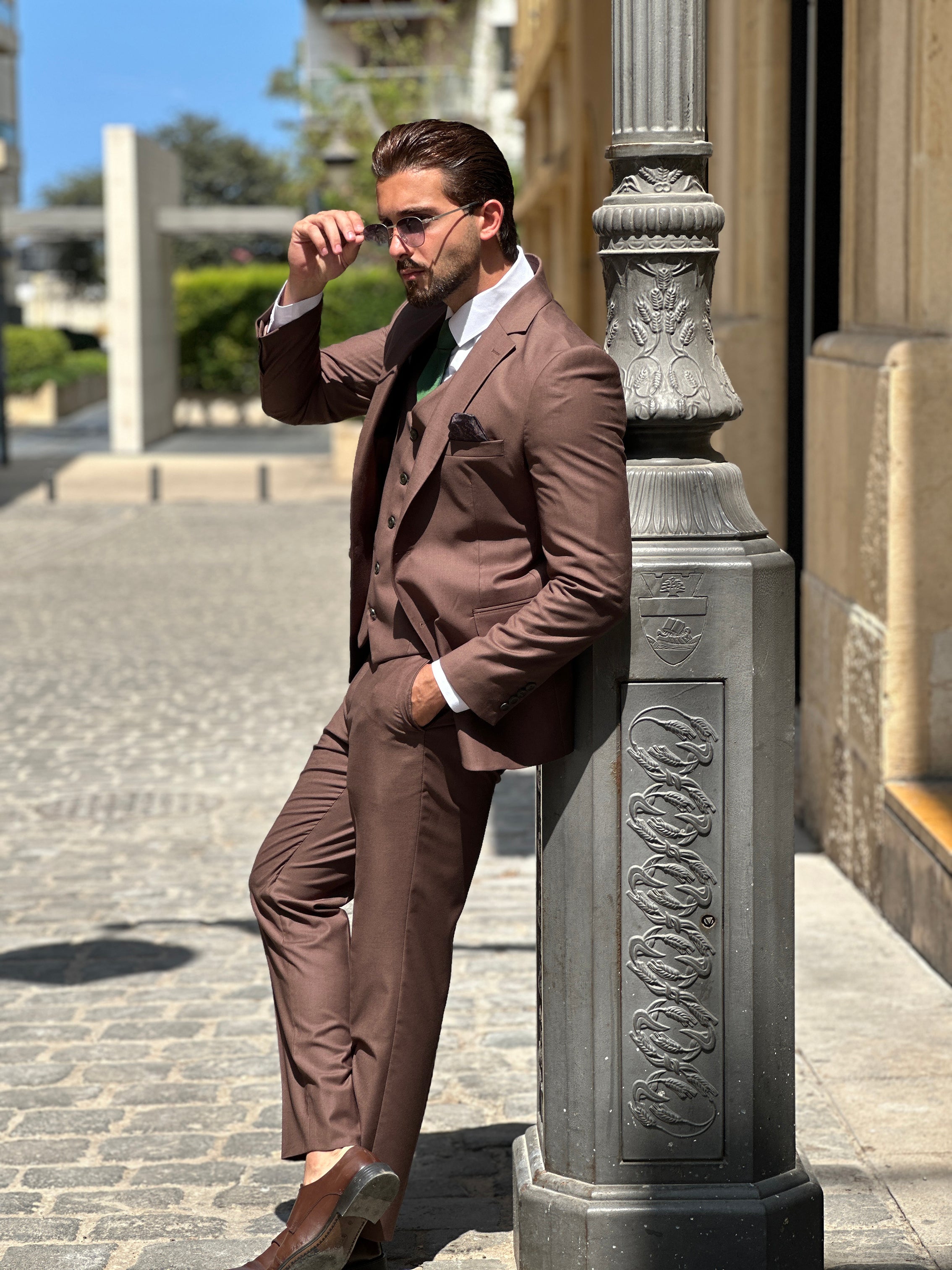 Brown Polyviscose 3-Piece Suit with Notch Lapel