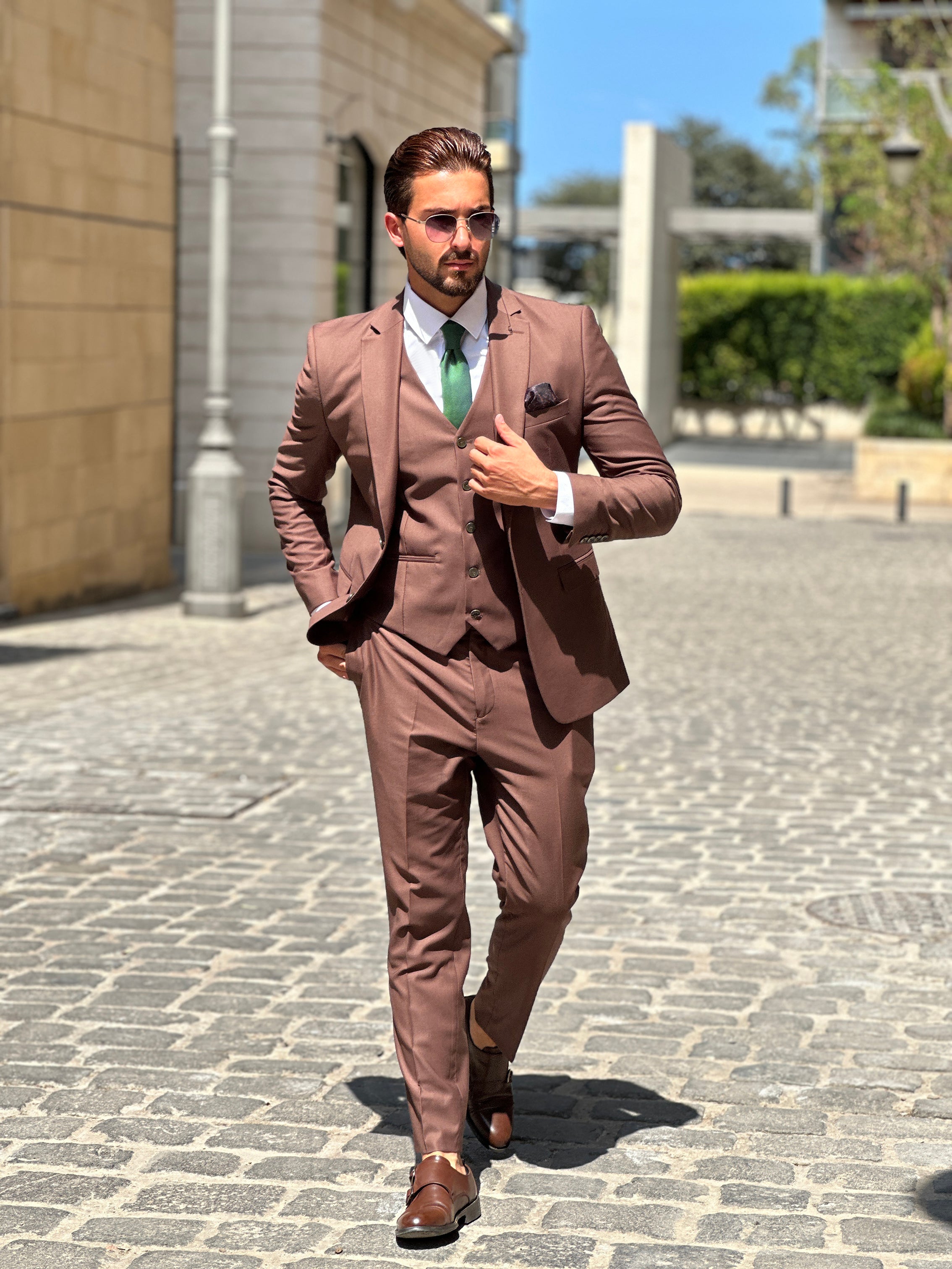 Brown Polyviscose 3-Piece Suit with Notch Lapel