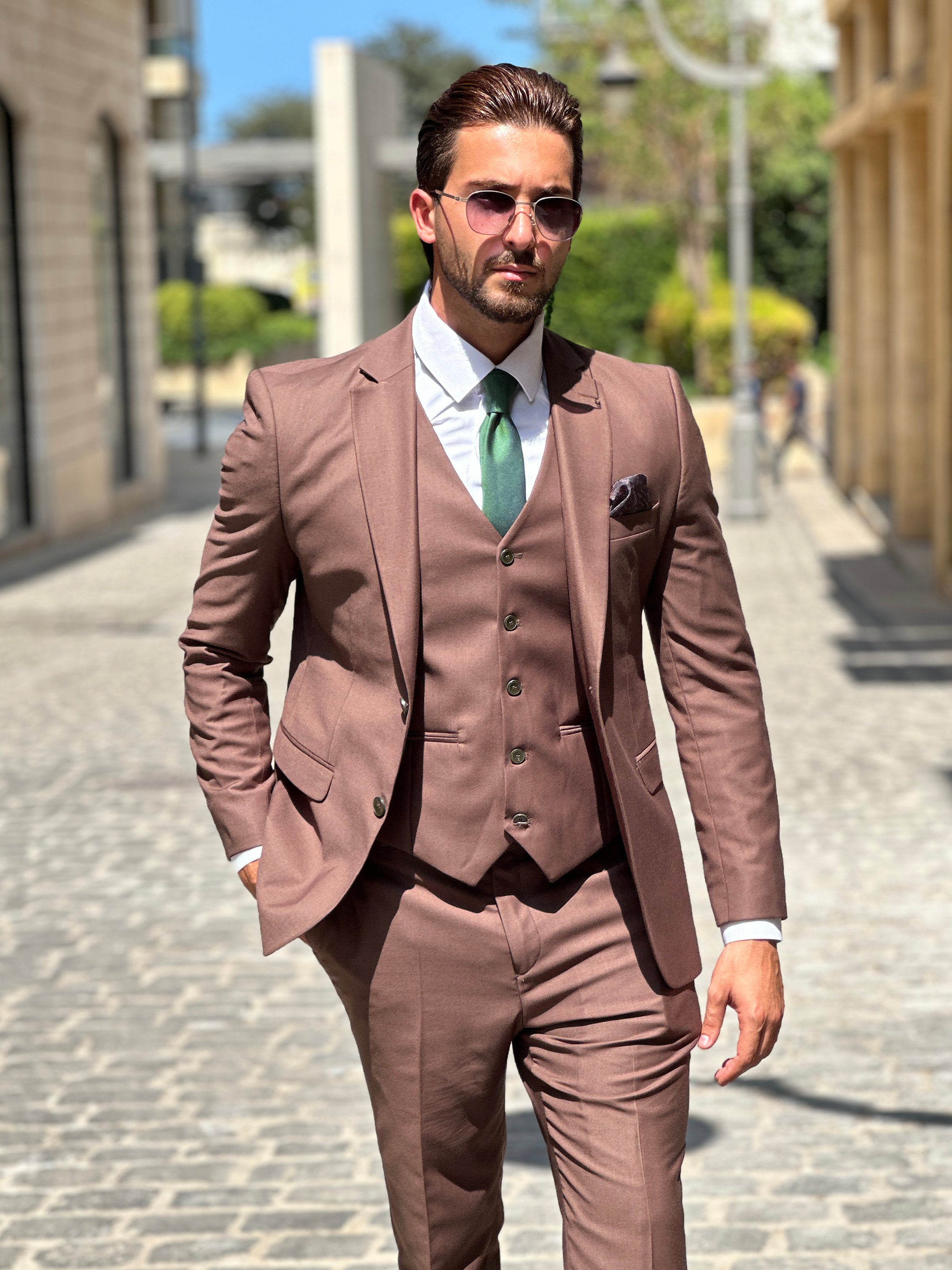 Brown Polyviscose 3-Piece Suit with Notch Lapel