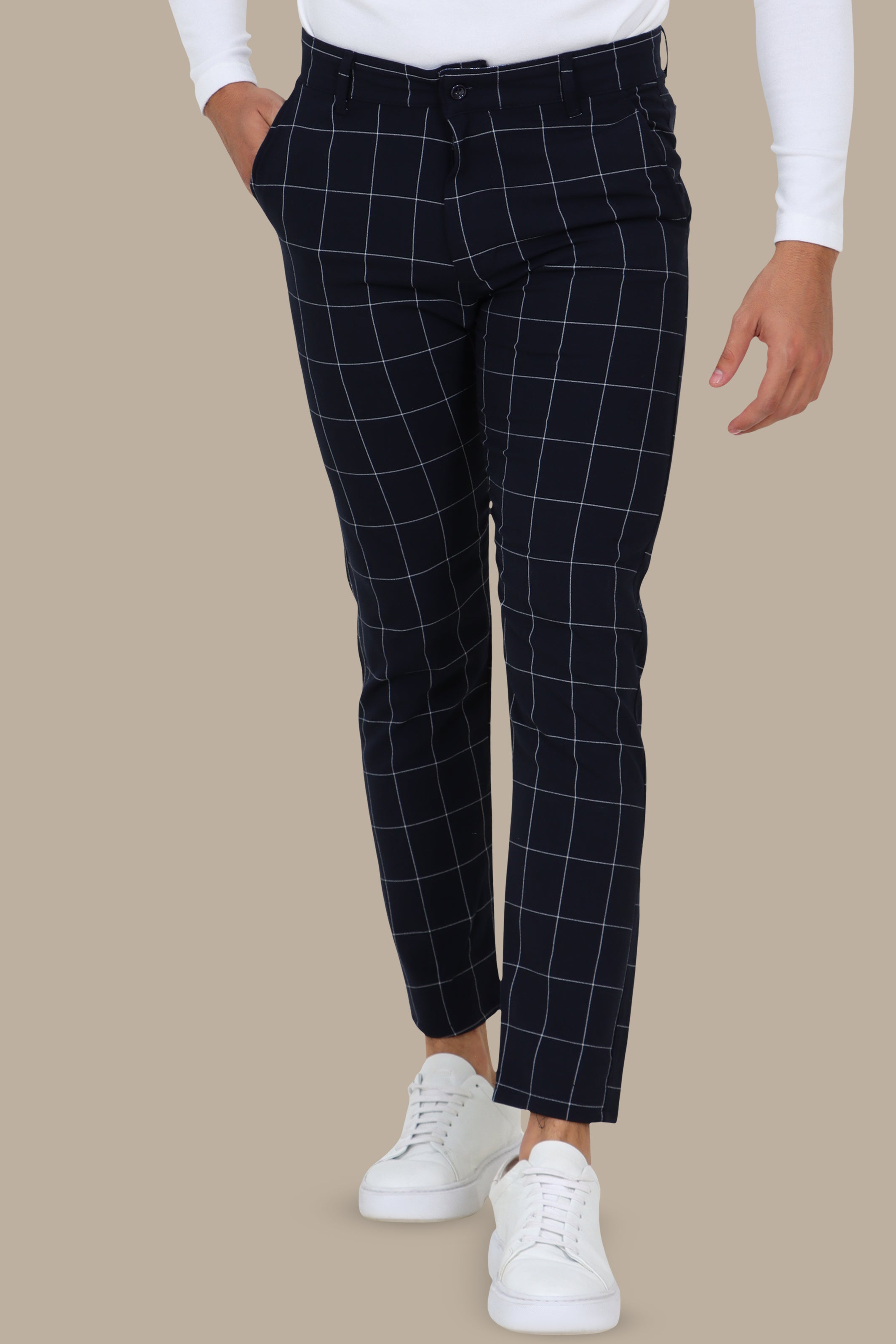 Navy Slim Fit Checked Fashion Trousers