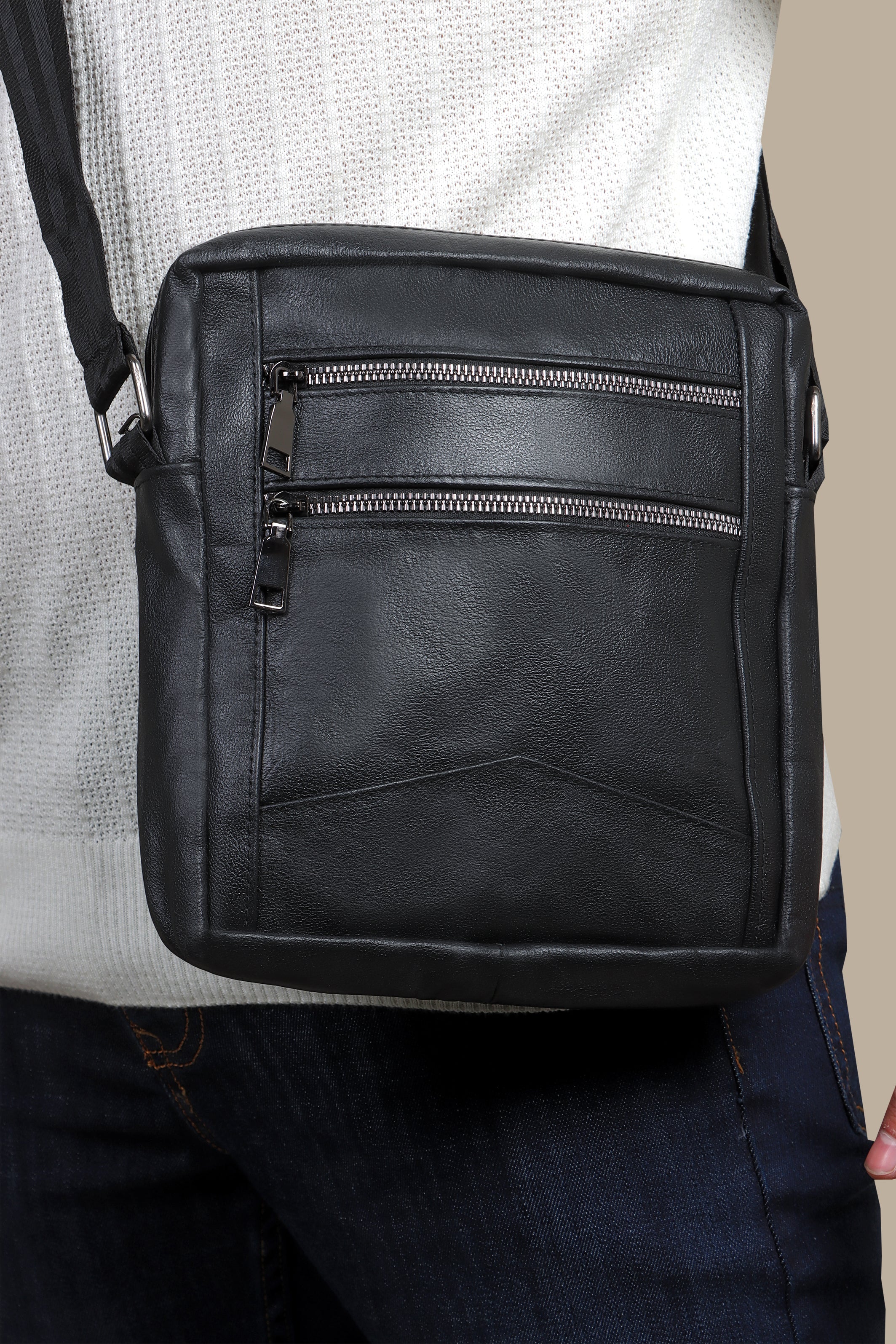 Triple Noir: Sleek Cross Bag with Three Black Zippers