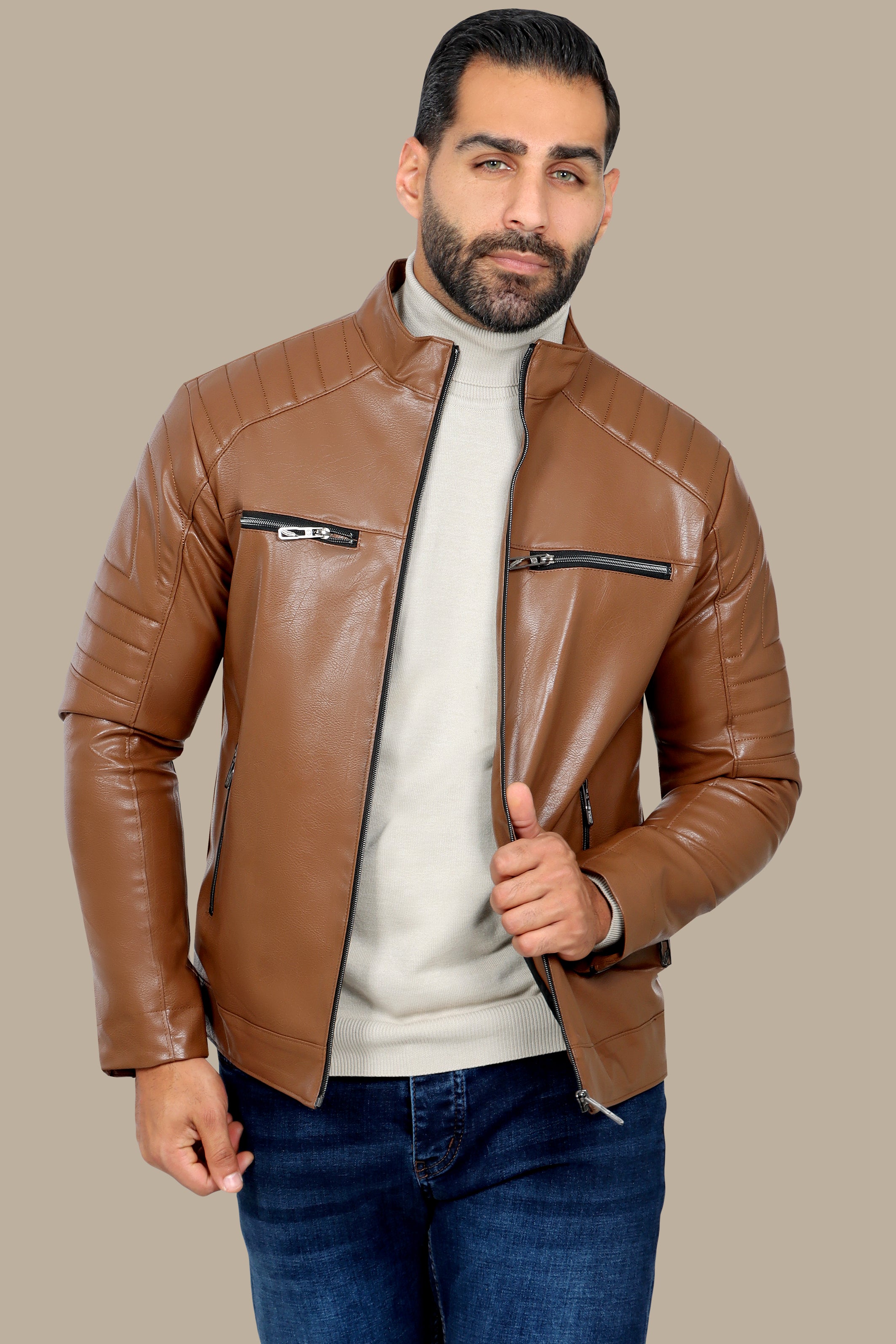Havane Faux Biker Jacket with 4 Zippers