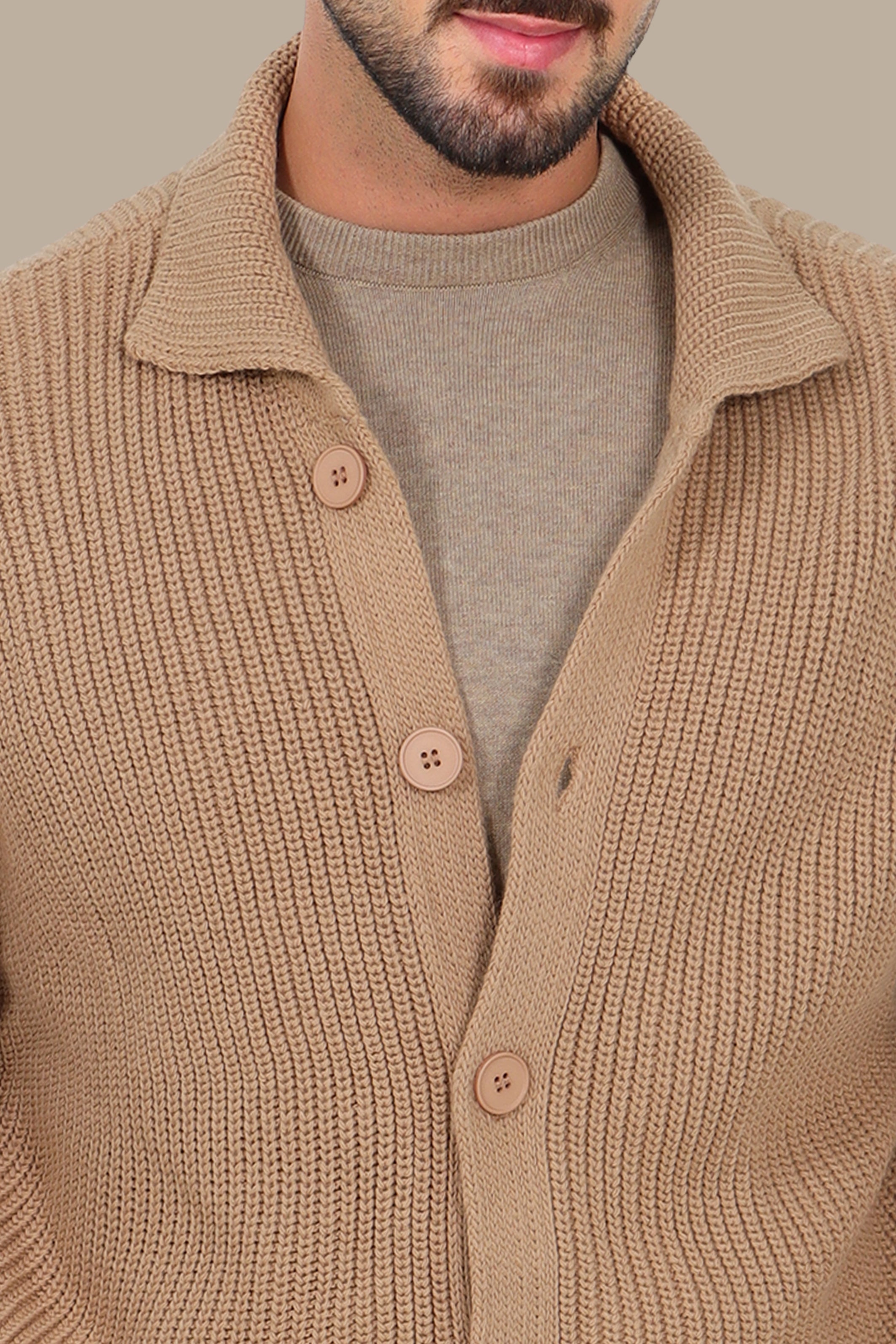 Beige Mercerized Full-Button Cardigan