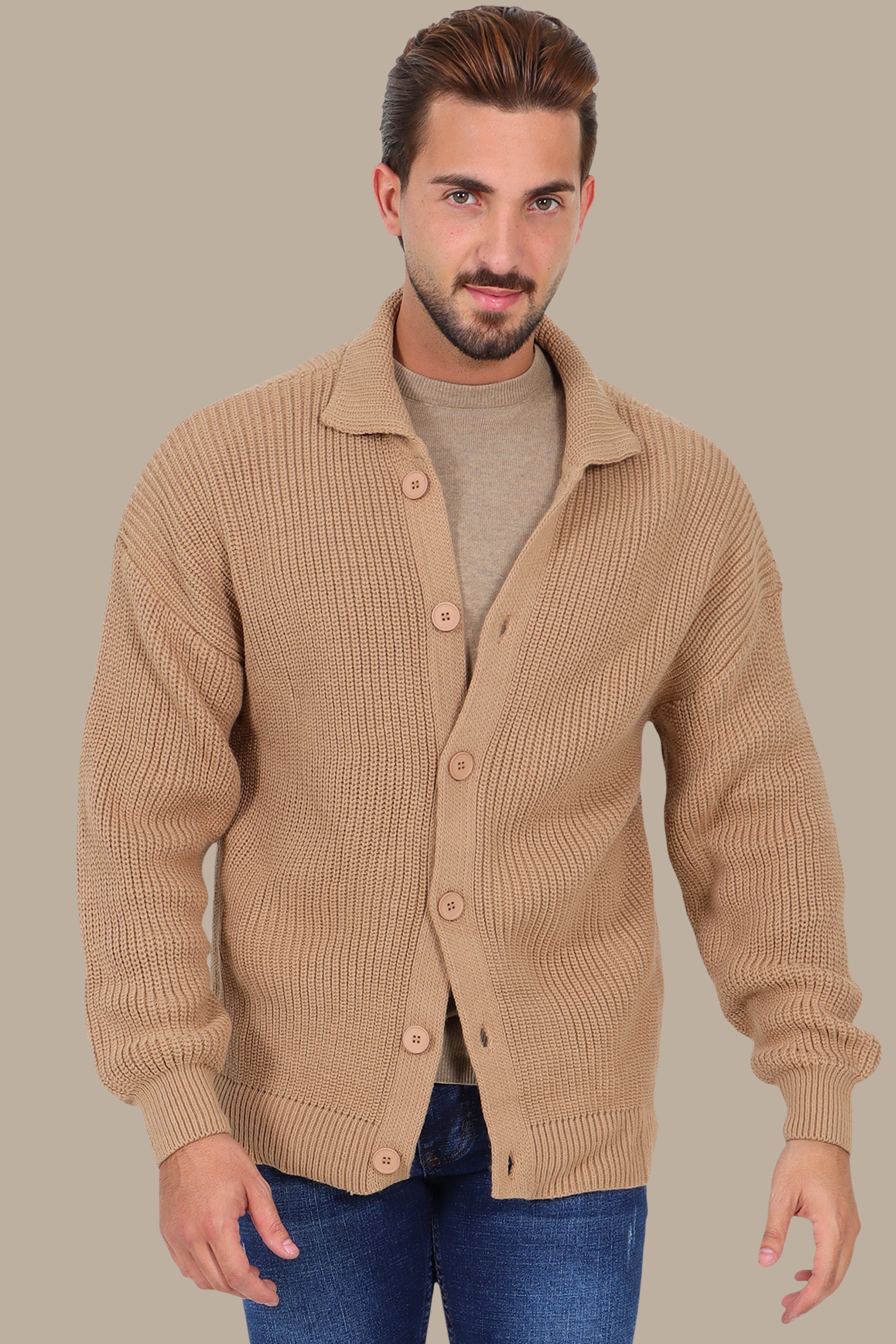 Beige Mercerized Full-Button Cardigan