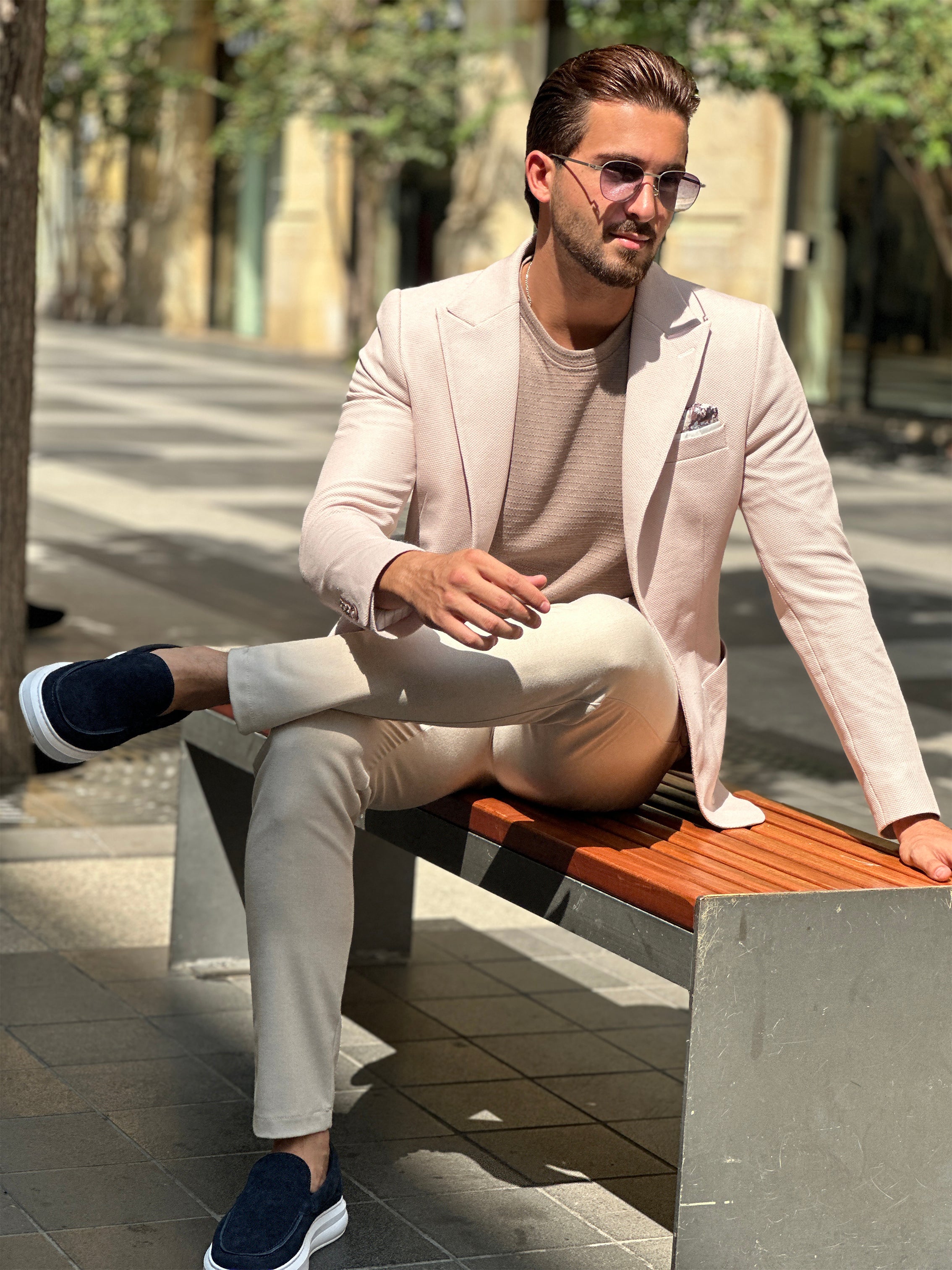 Classic Chic: Beige Structured Peak Lapel Blazer