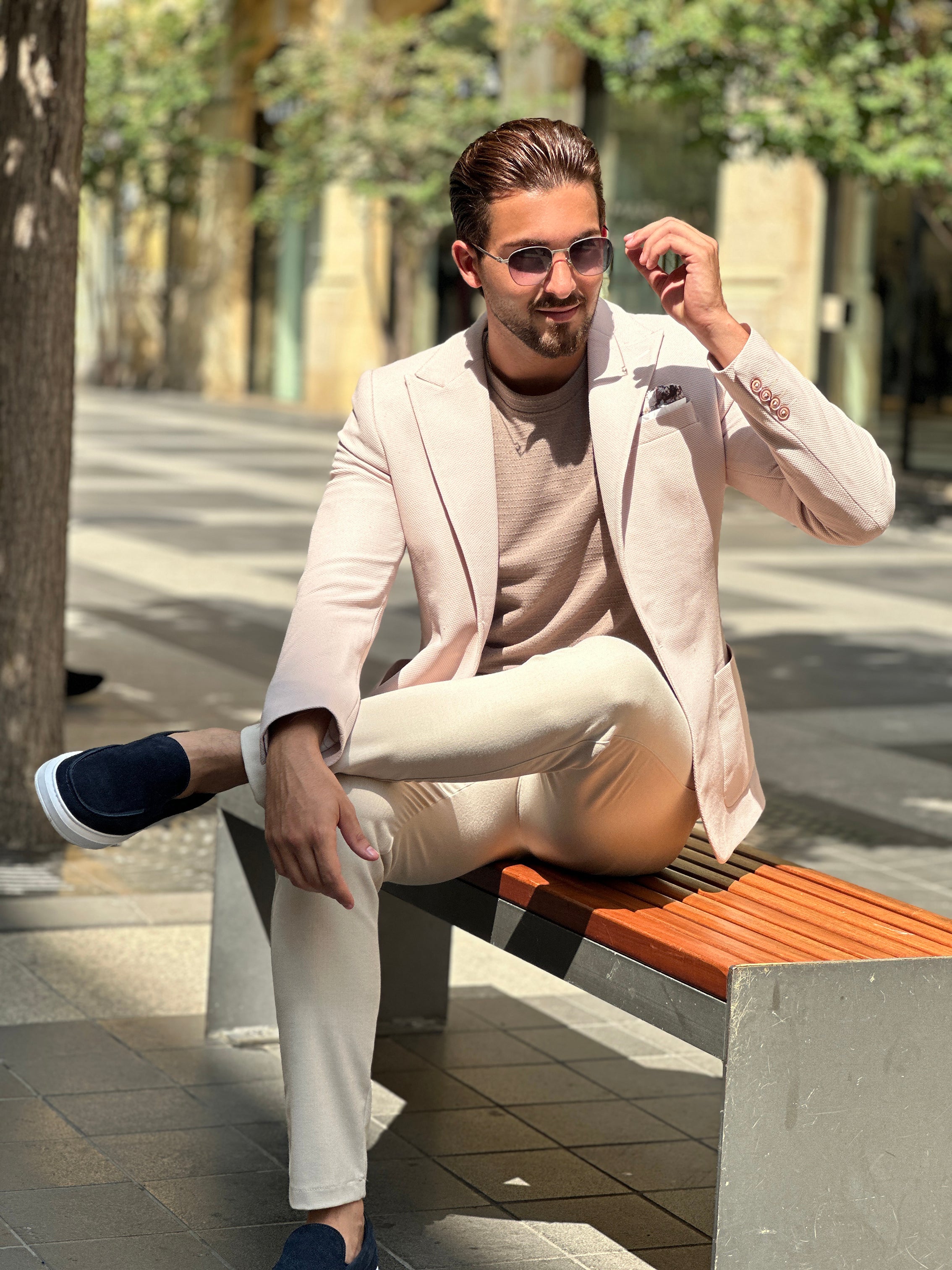 Classic Chic: Beige Structured Peak Lapel Blazer