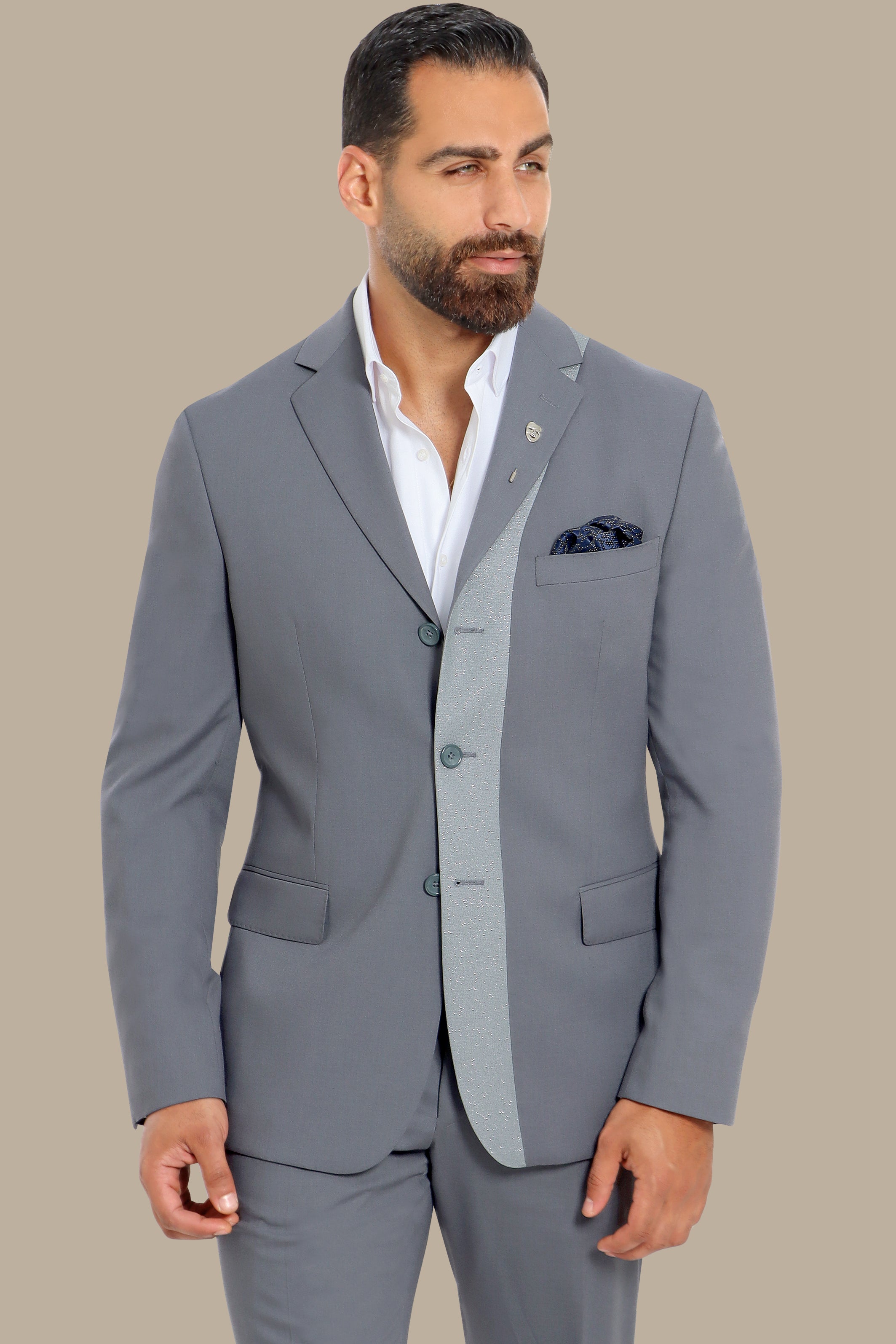 Silver Glimmer: Grey FV Suit with Piping