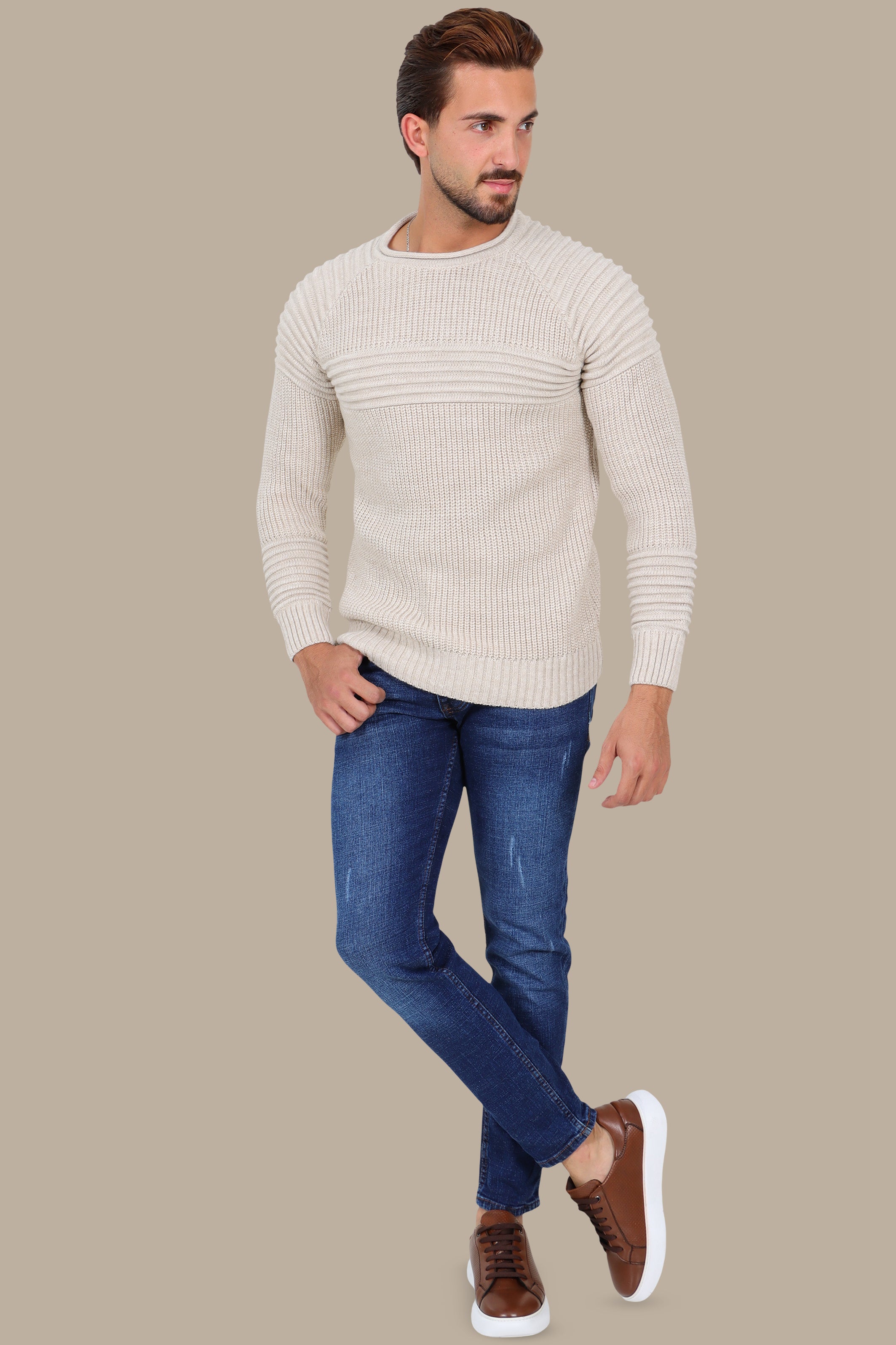 Beige Mercerized Medium-Line Ribbed Sweater