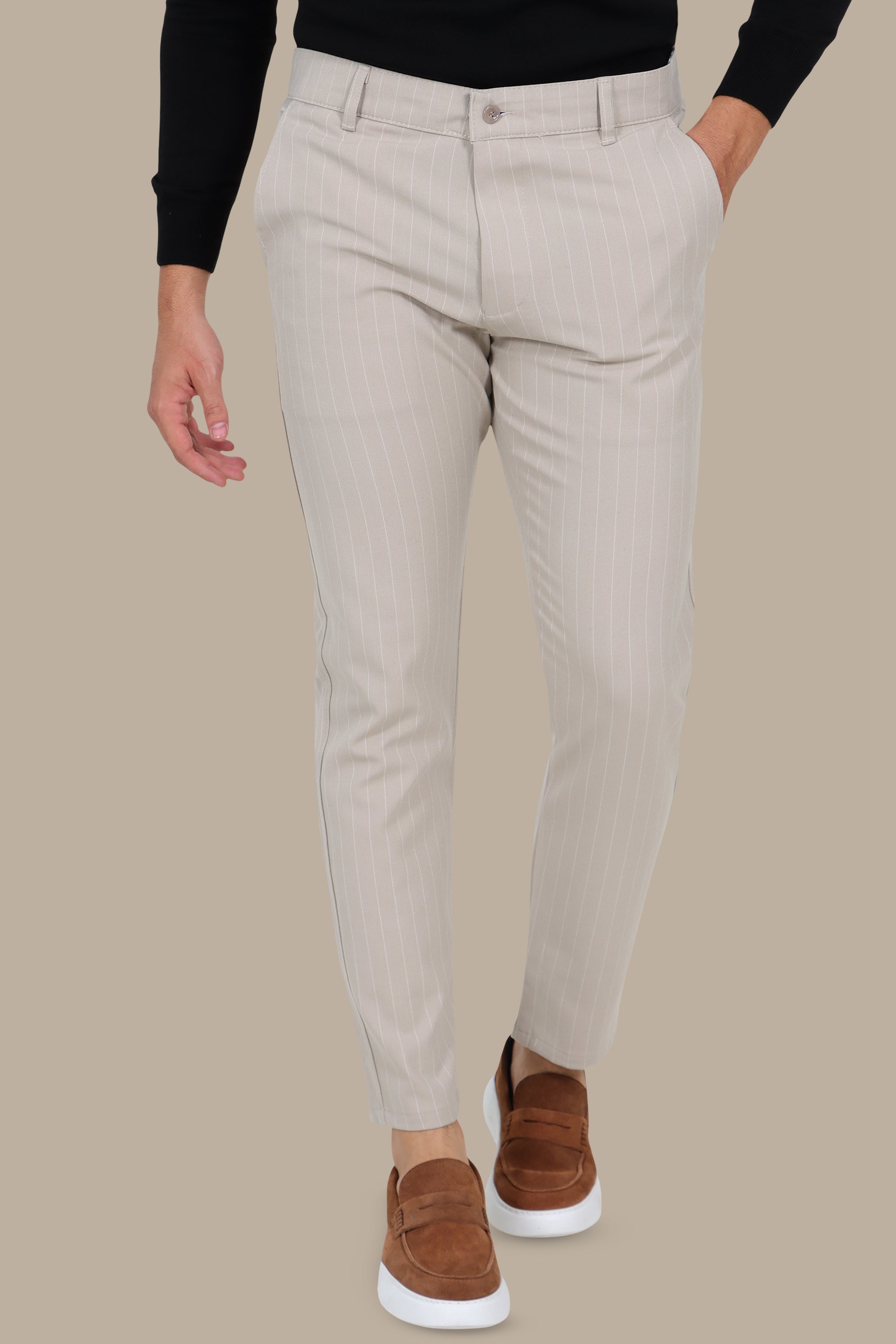 Beige Slim Fit Striped Fashion Trousers