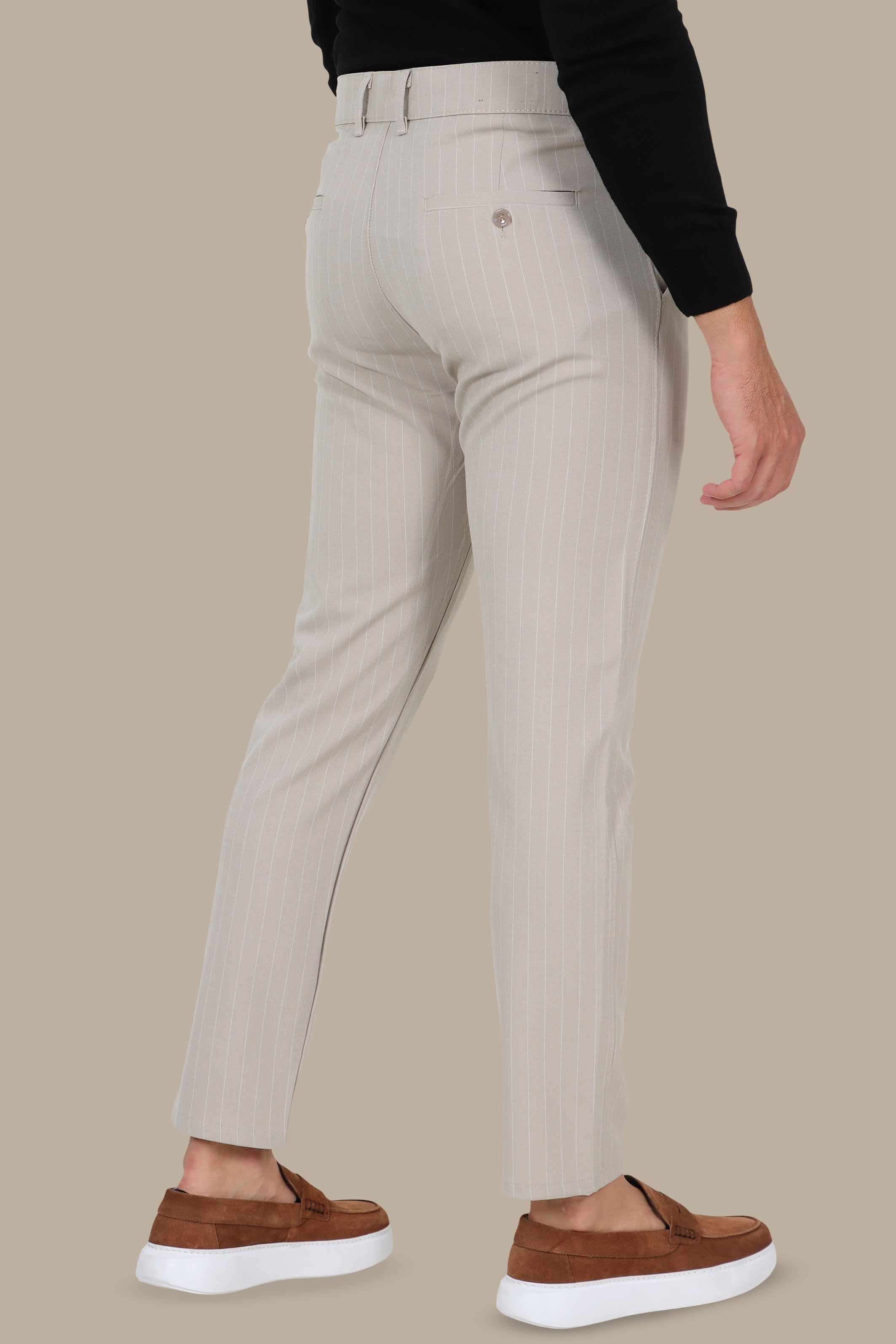 Beige Slim Fit Striped Fashion Trousers