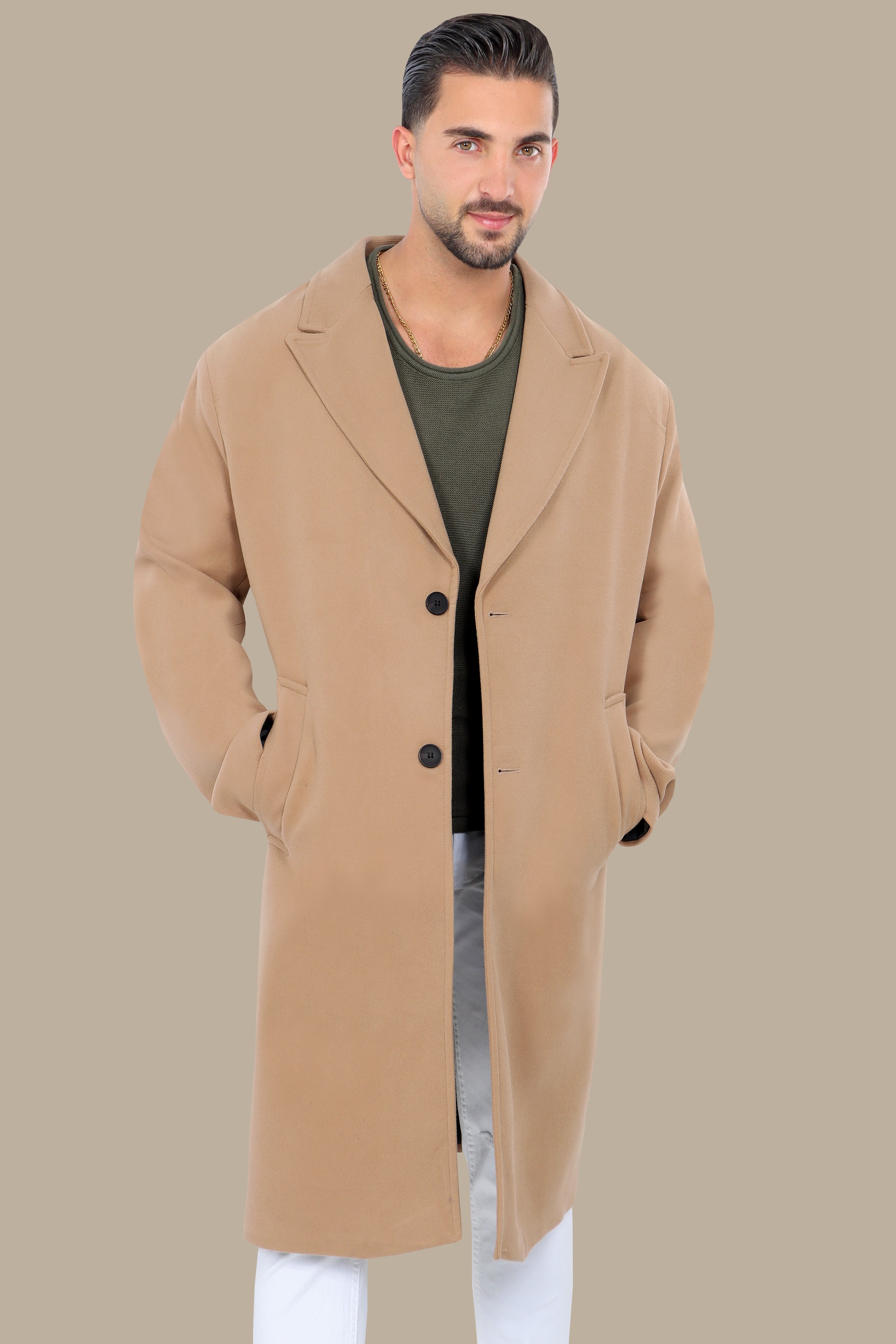 Oversized Beige Coat with Peak Lapels