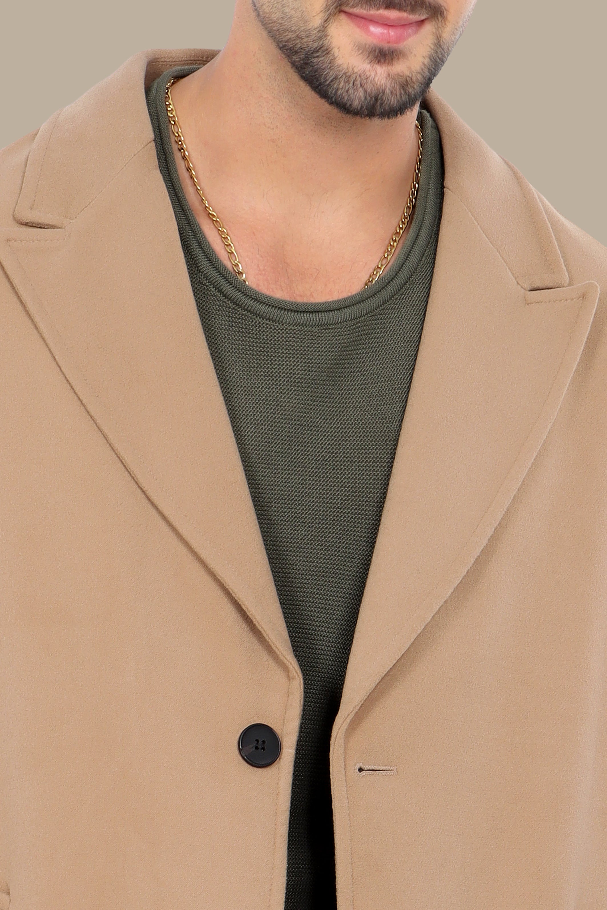 Oversized Beige Coat with Peak Lapels