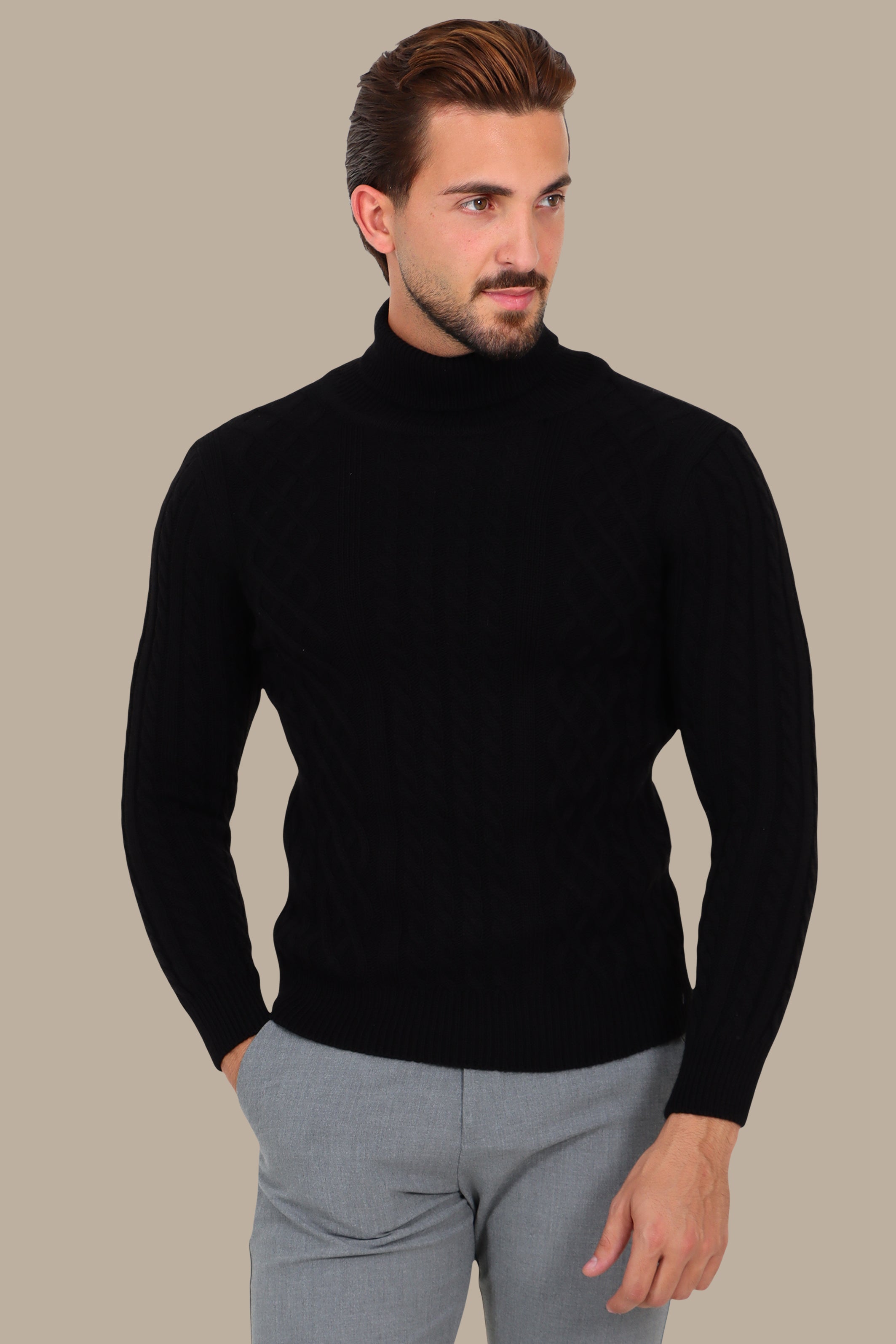 Black Thick Braided Turtleneck Sweater