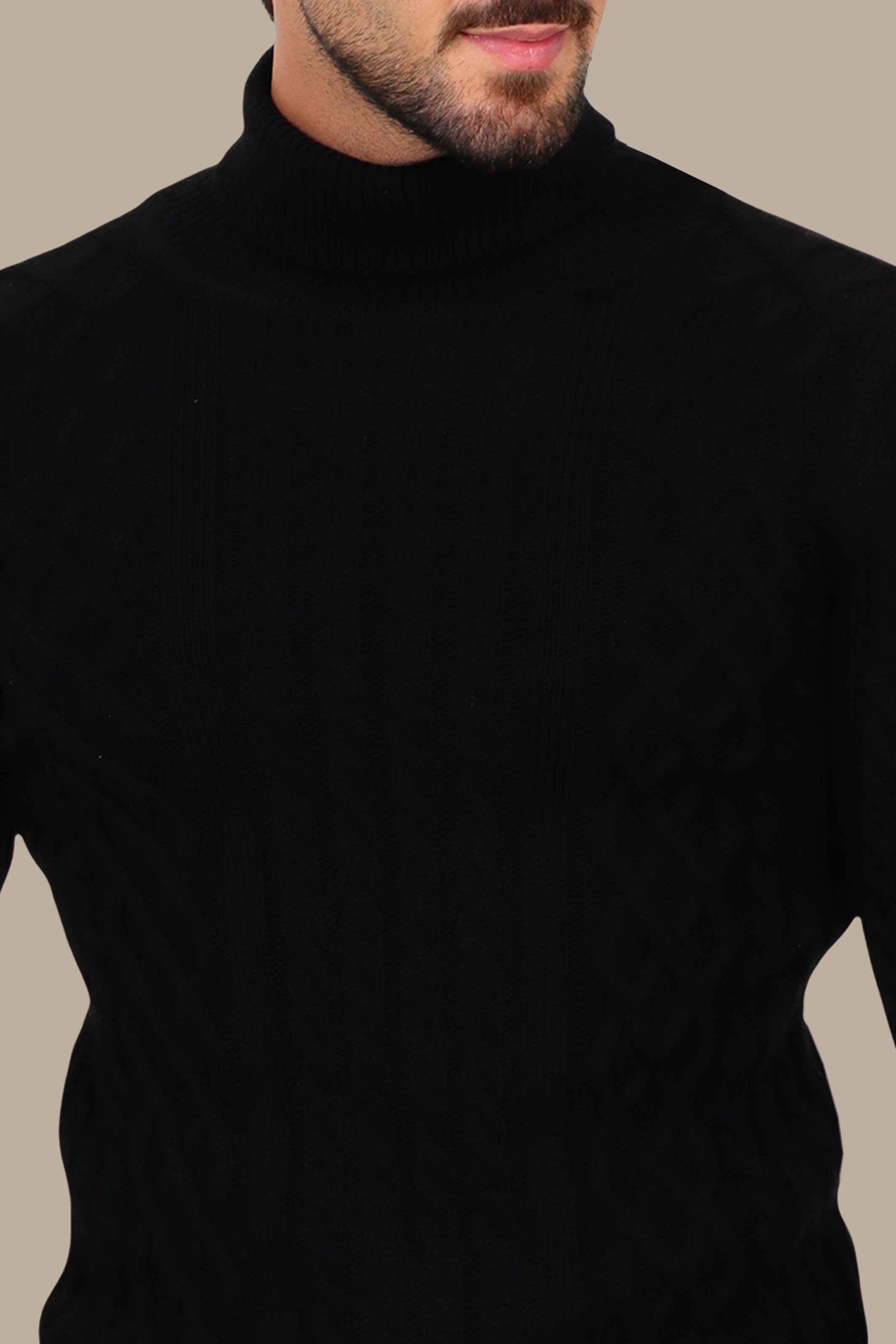Black Thick Braided Turtleneck Sweater