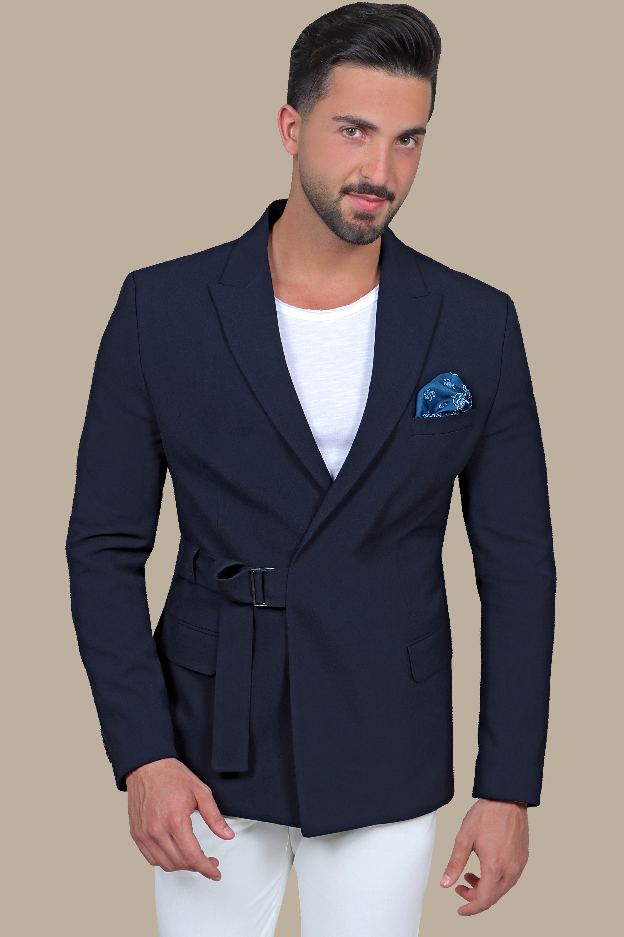 Navy Blazer with Side Belt: Simple Style, Classic Elegance