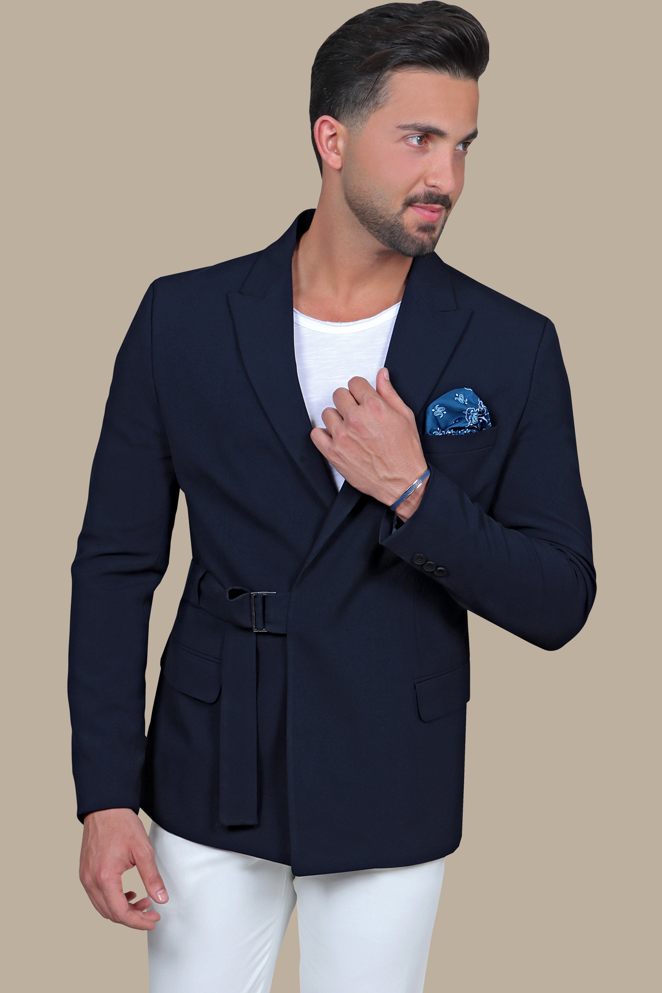 Navy Blazer with Side Belt: Simple Style, Classic Elegance