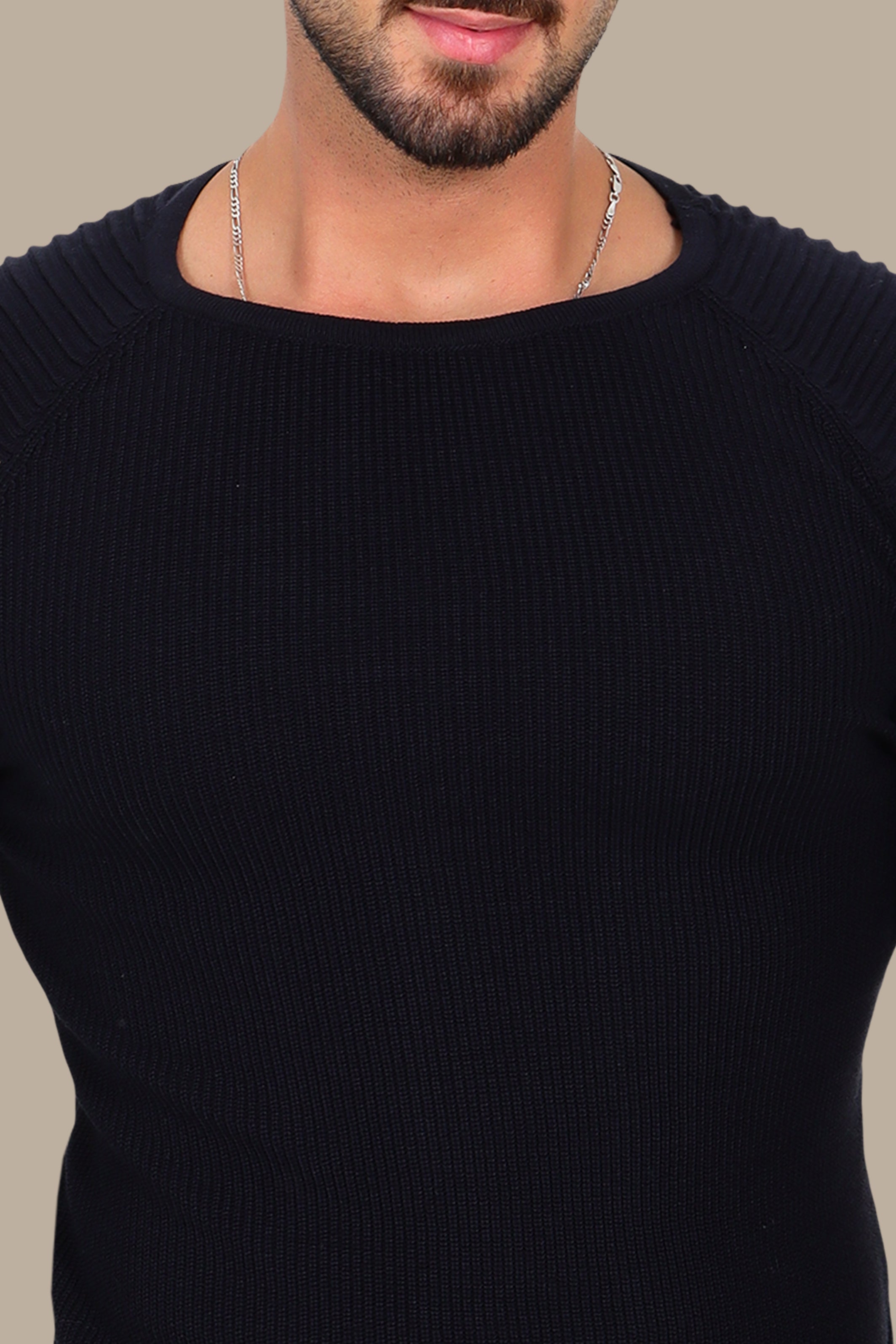 Navy Mercerized Sweater with Ribbed Shoulders