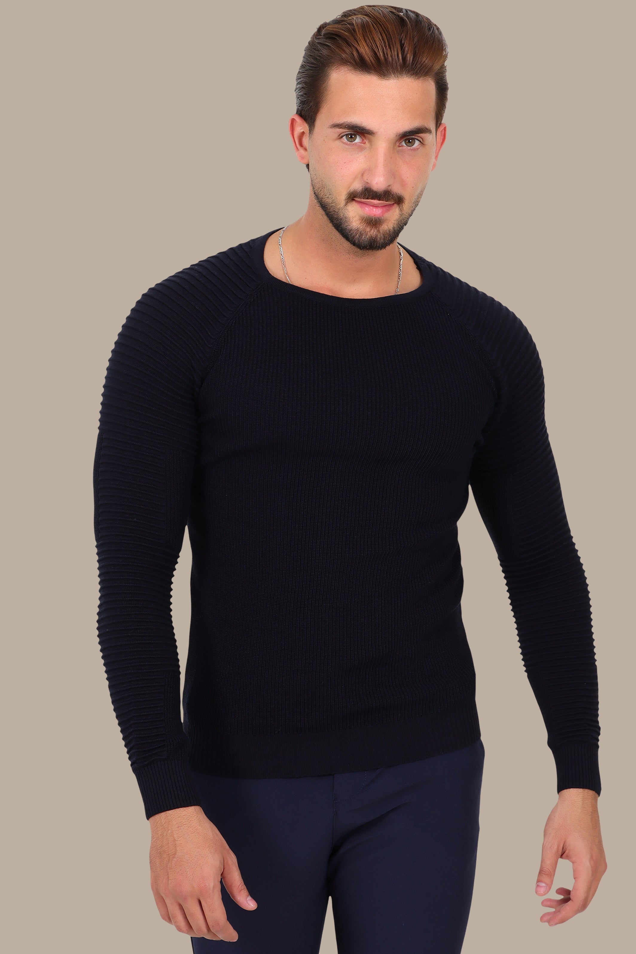 Navy Mercerized Sweater with Ribbed Shoulders