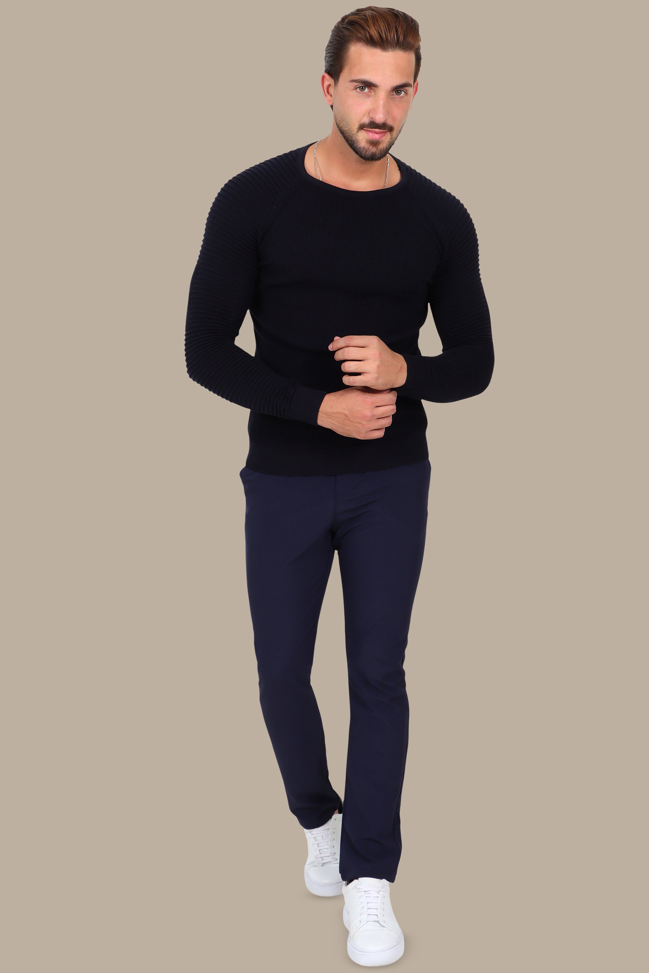 Navy Mercerized Sweater with Ribbed Shoulders