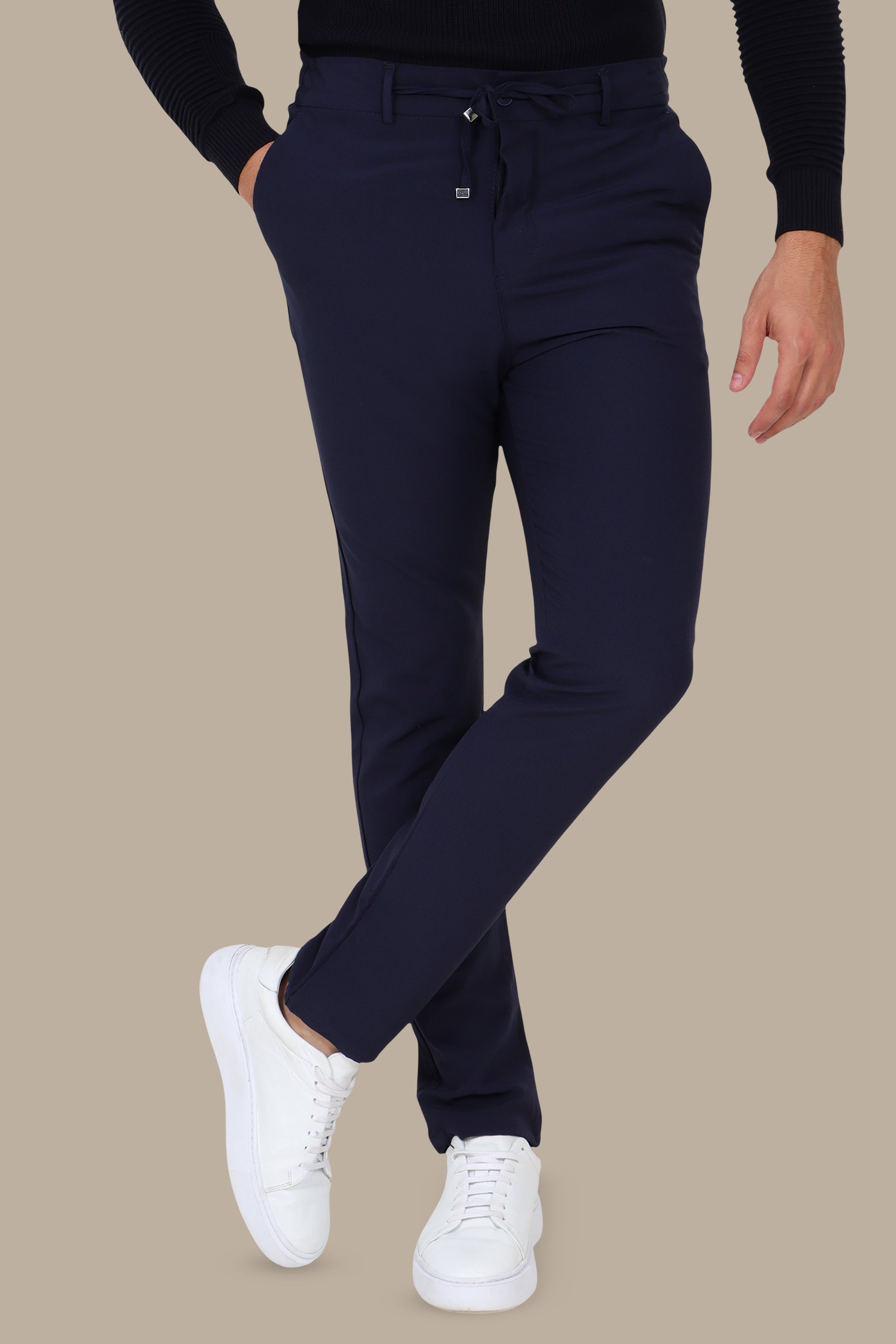 Navy Cidem Slim Fit Trousers with Elastic Waist