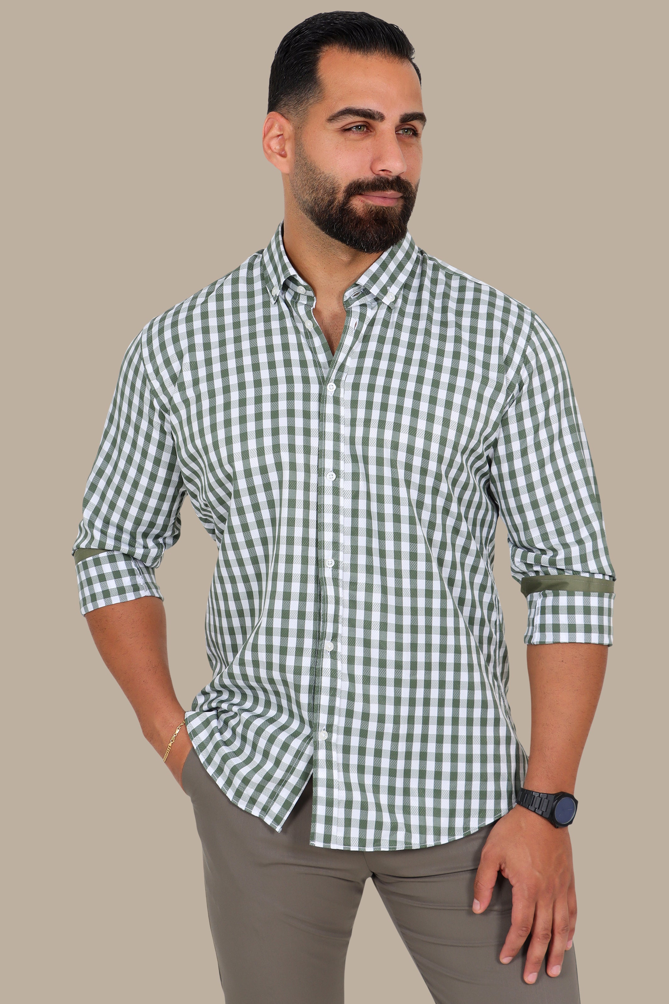 Khaki Gingham Button-Down Shirt