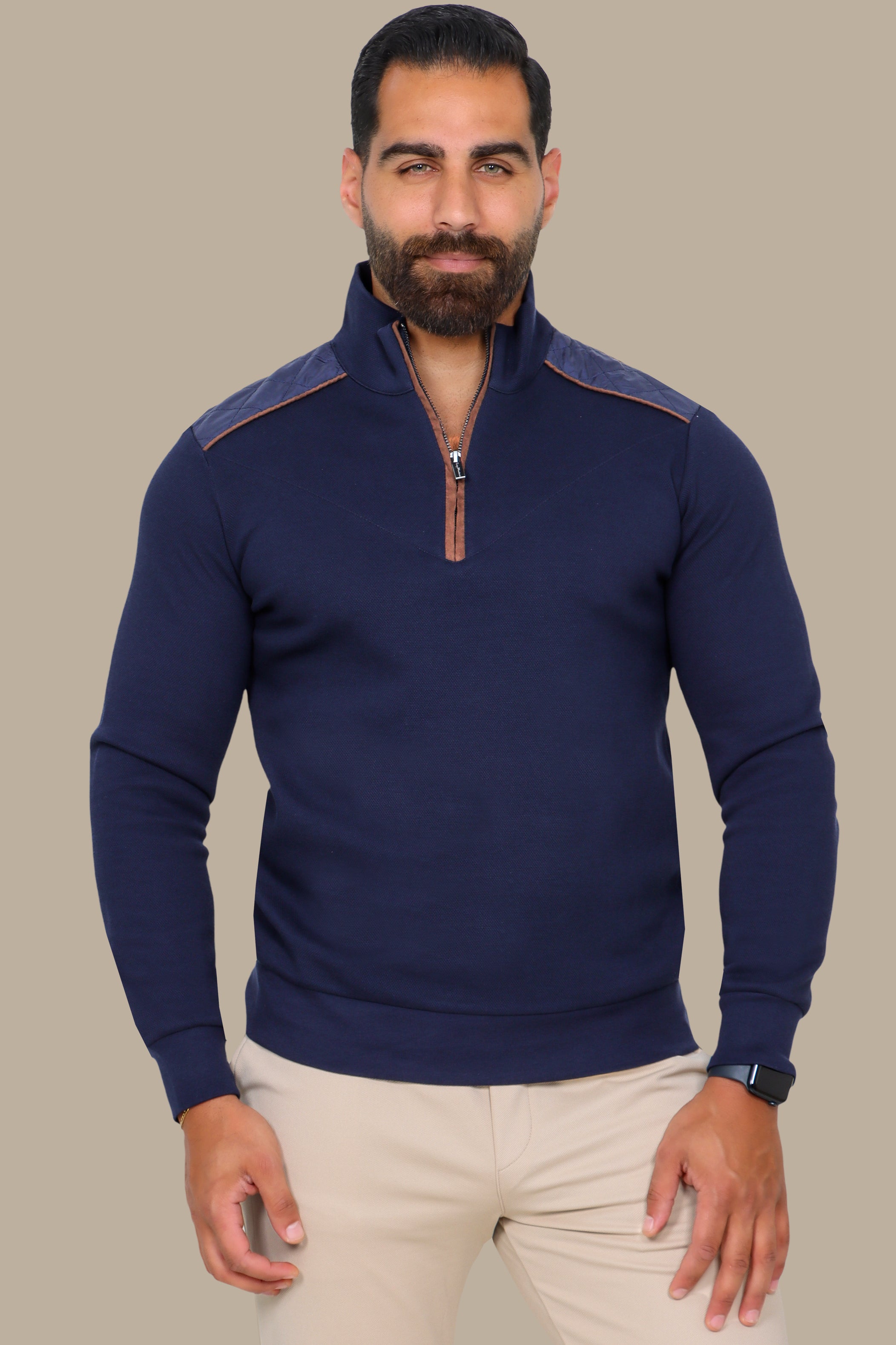 Navy Half-Zip Sweater with V-Cut and Shoulder Detail
