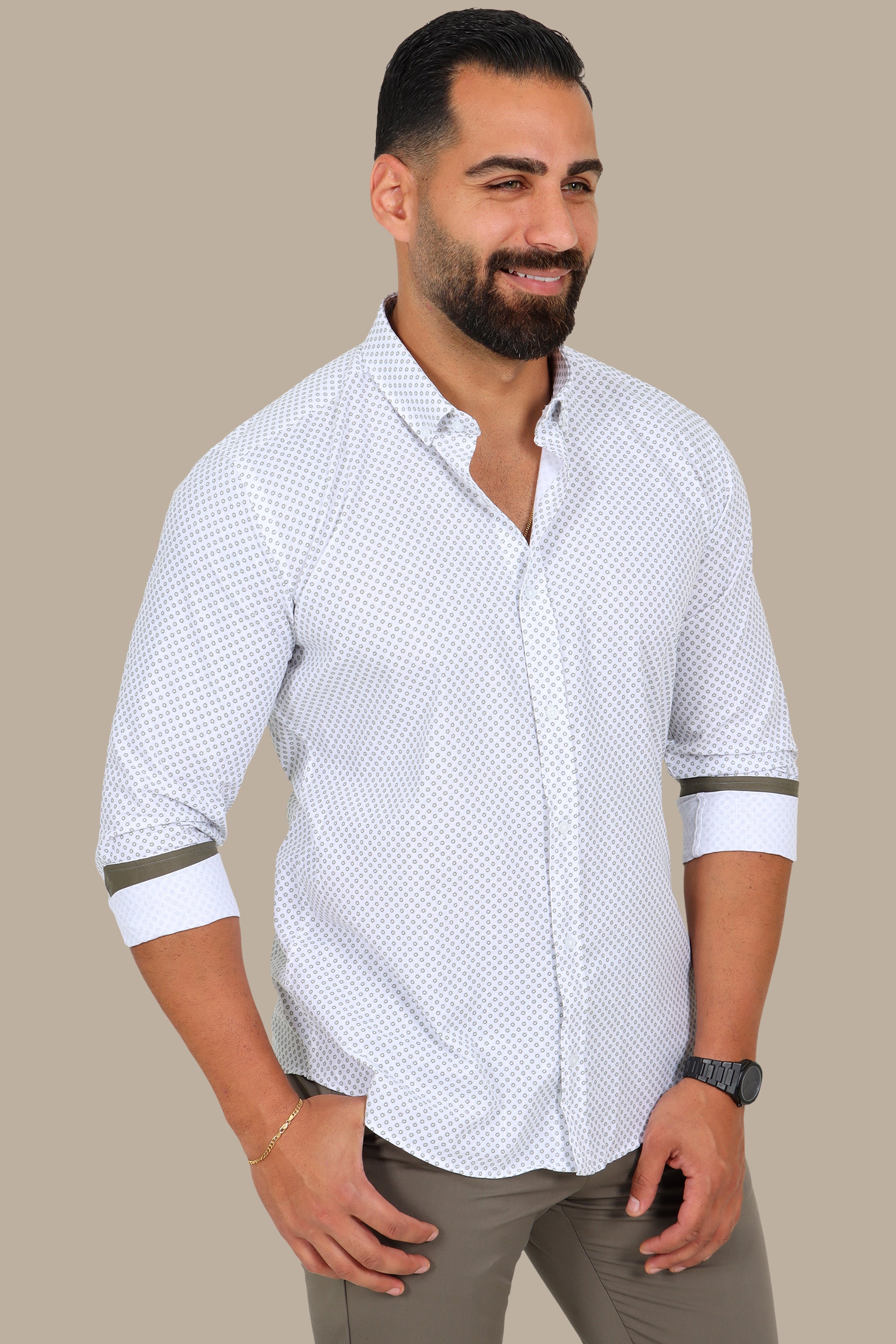 White Shirt with Olive Floral Circles