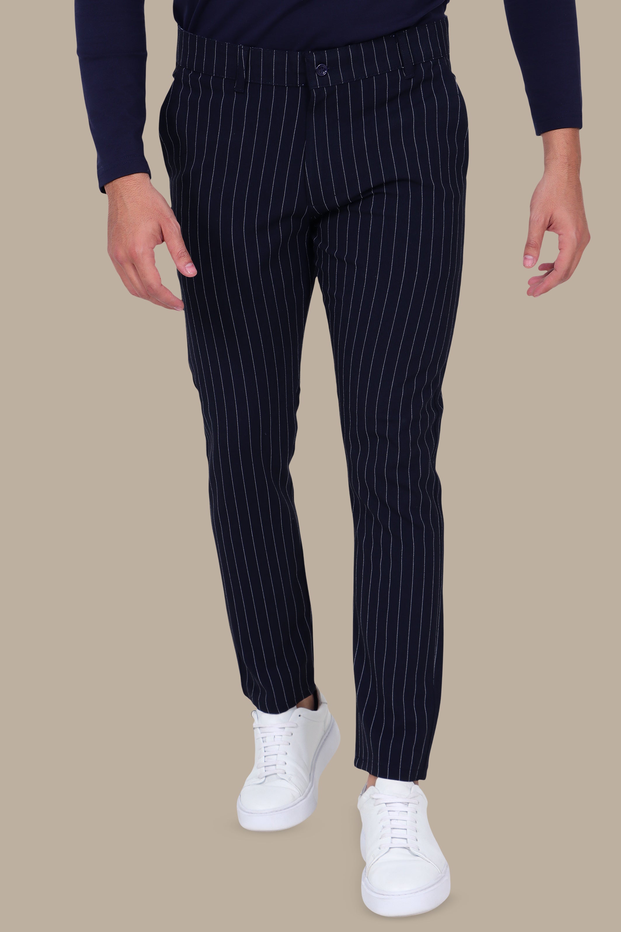 Navy Slim Fit Striped Fashion Trousers