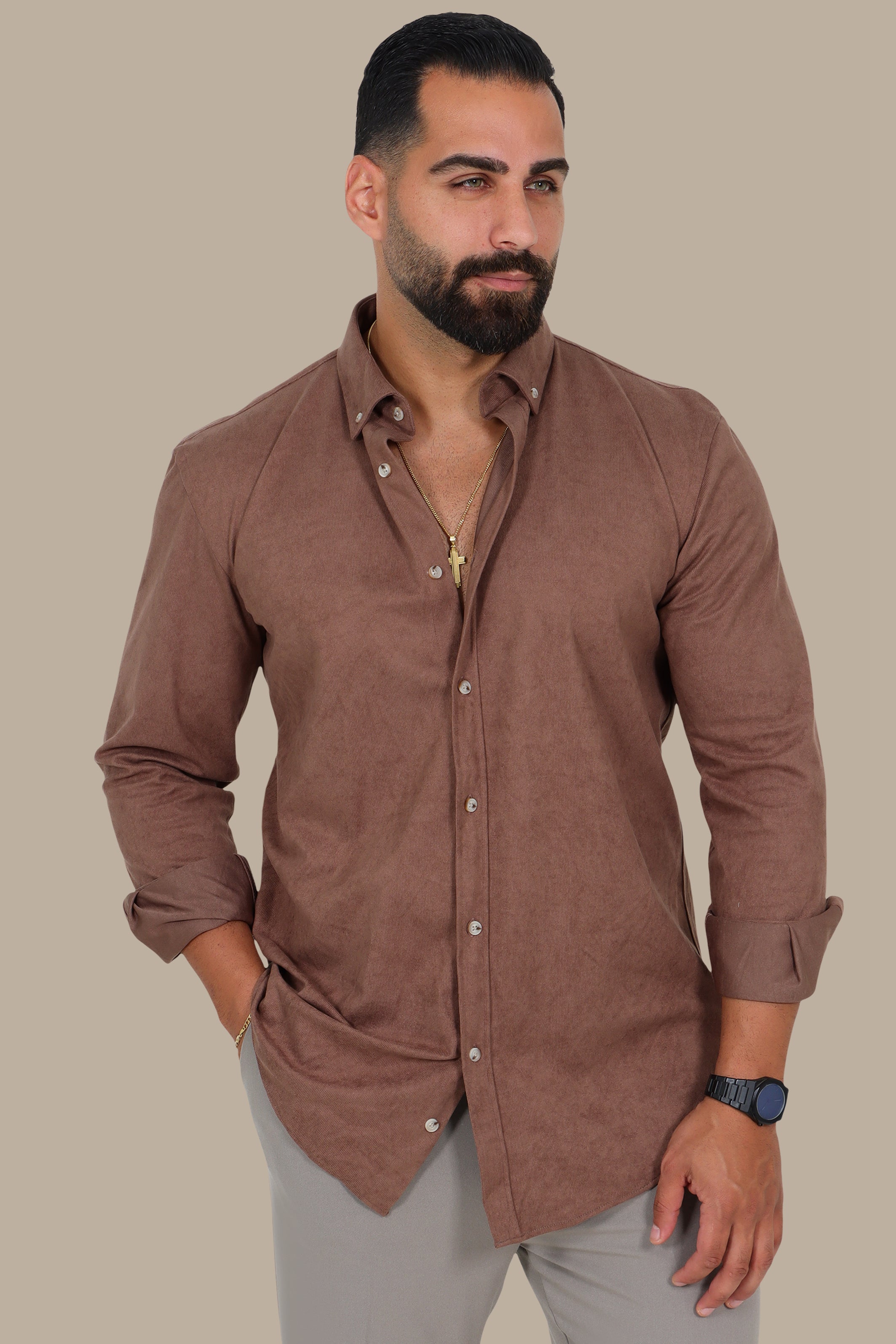 Light Brown Thin Corduroy Button-Down Shirt
