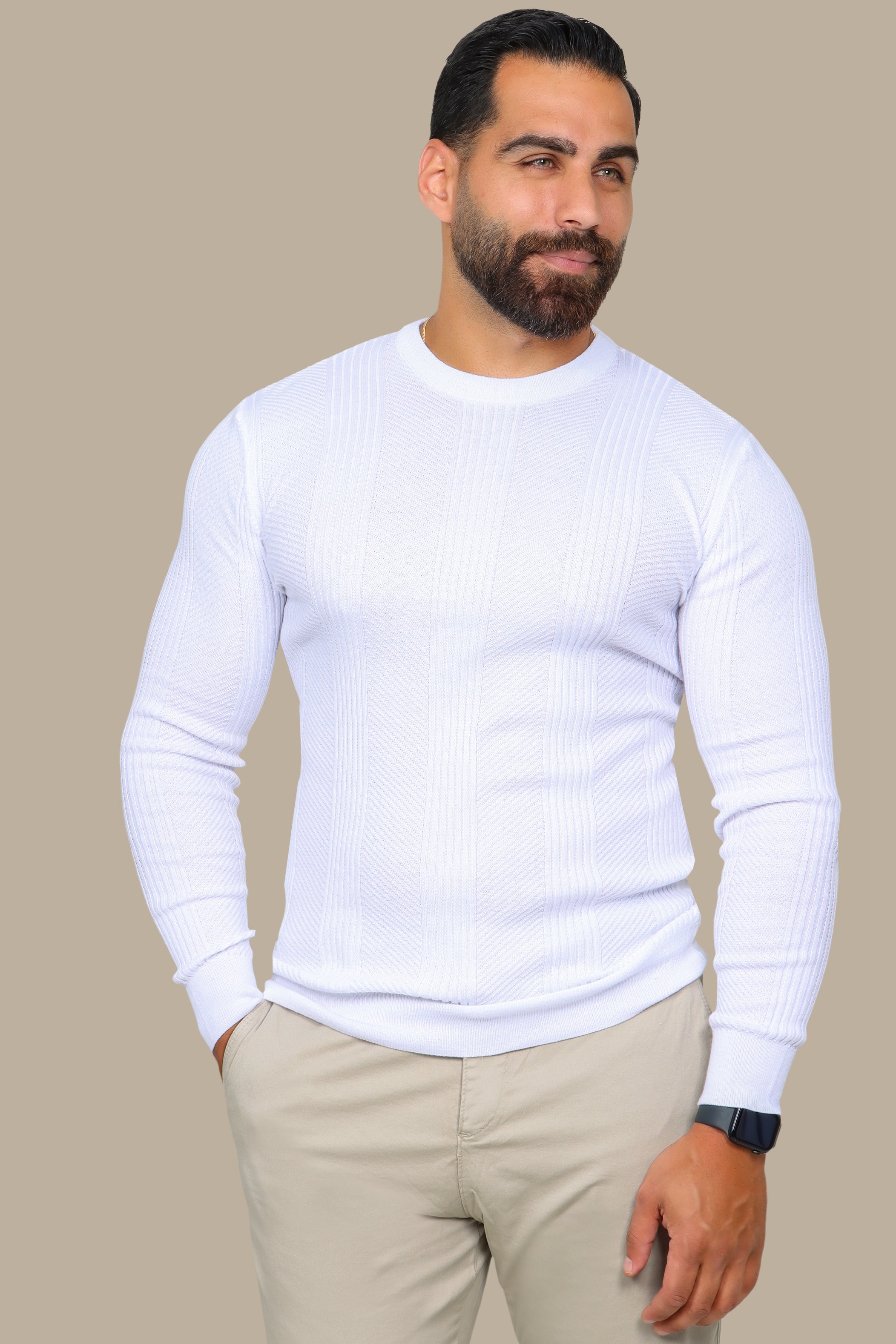 White Structured Sweater with 3 Wide Lines