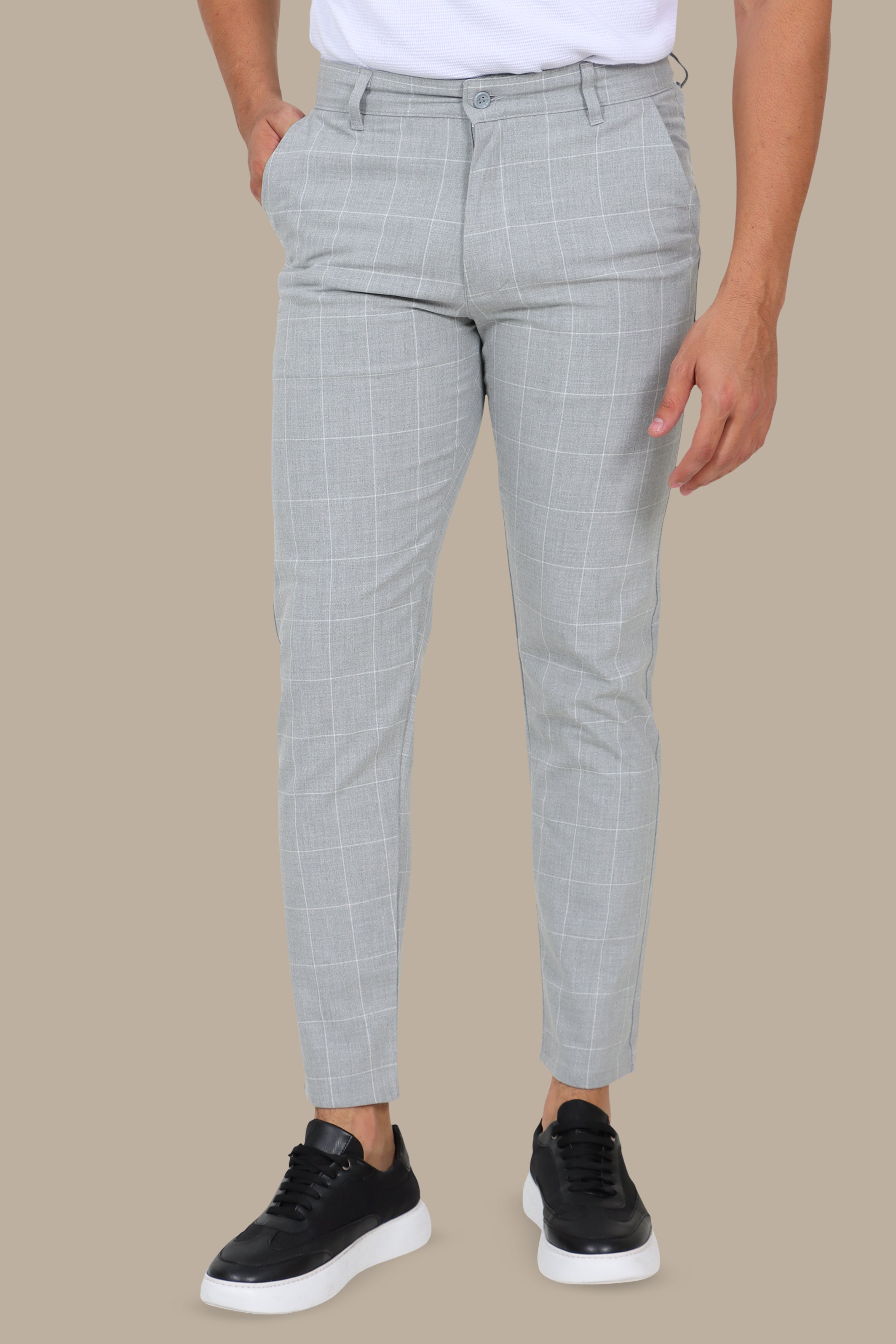 Light Grey Slim Fit Checked Fashion Trousers