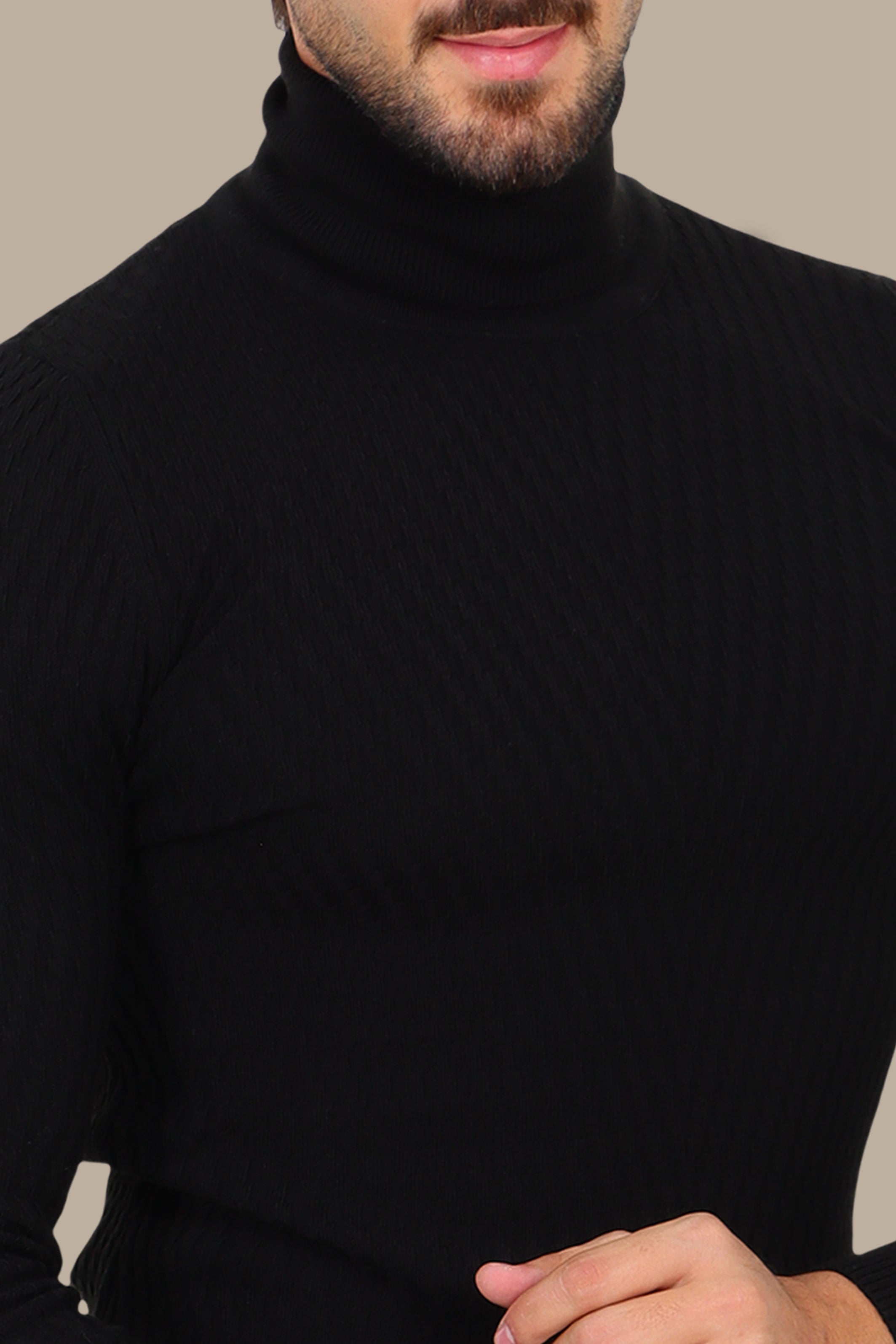 Black V-Cut Turtleneck with Dogtooth Pattern