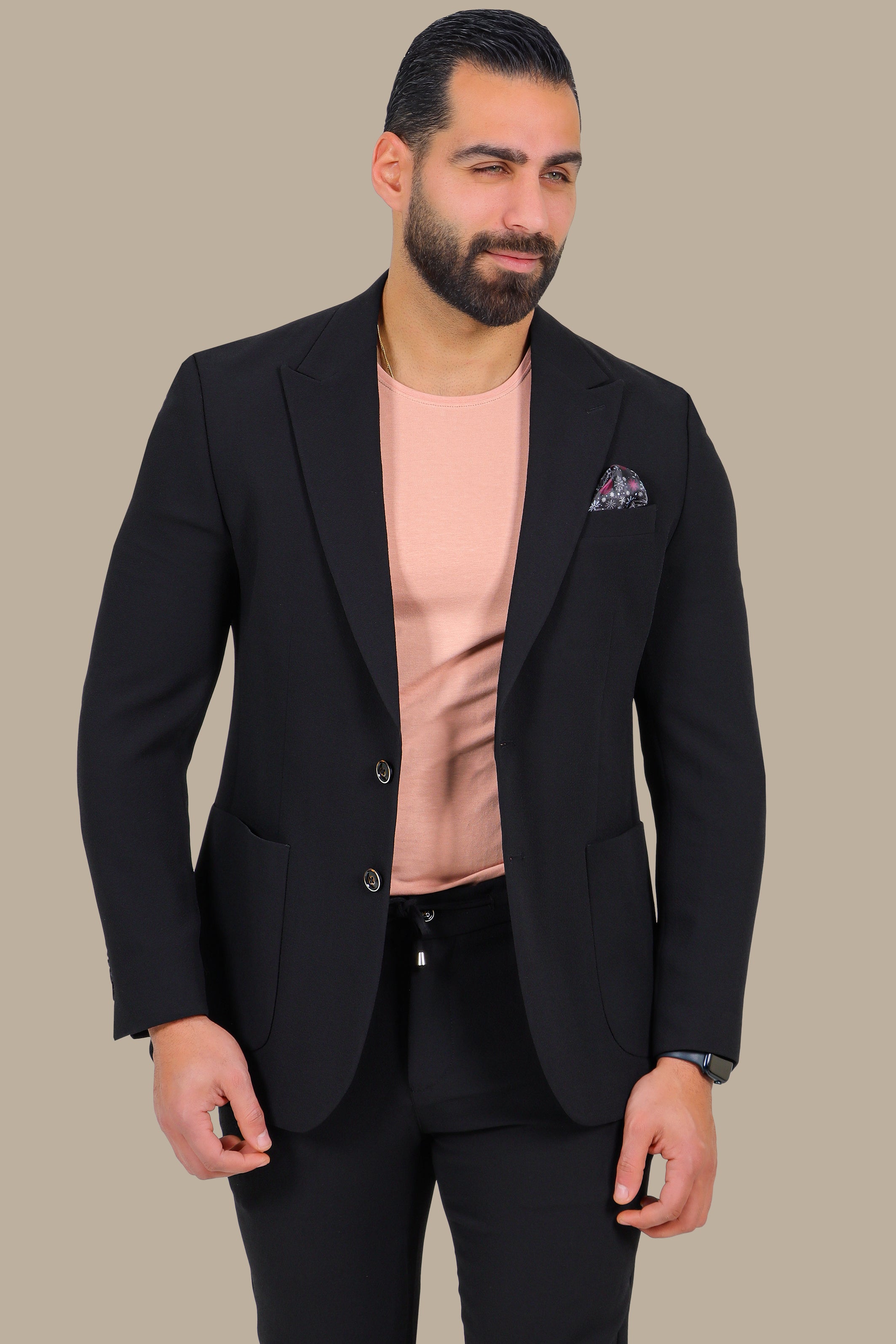 Black Travel Suit 2-Piece with Peak Lapel and Patch Pockets