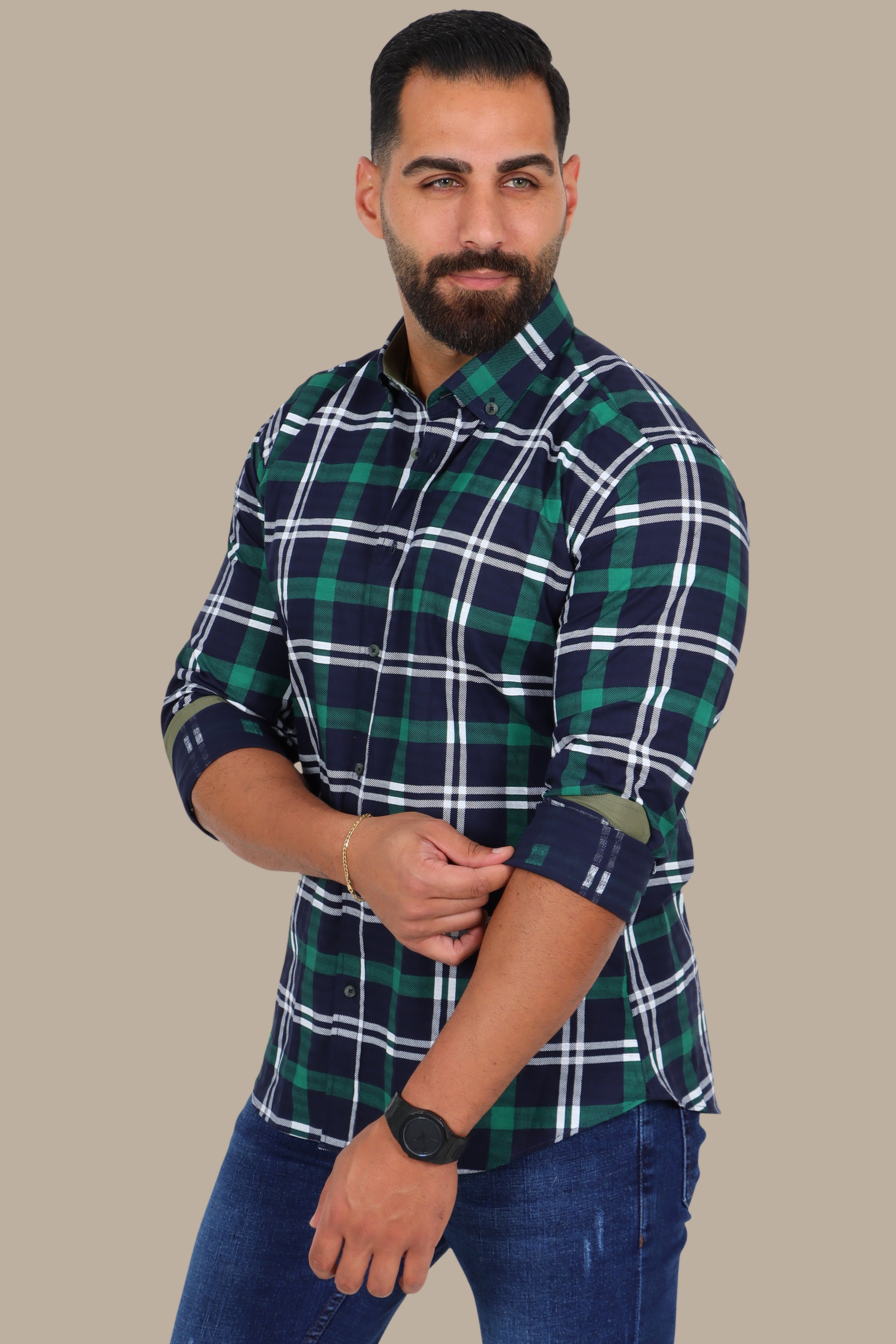 Green Plaid Button-Down Shirt