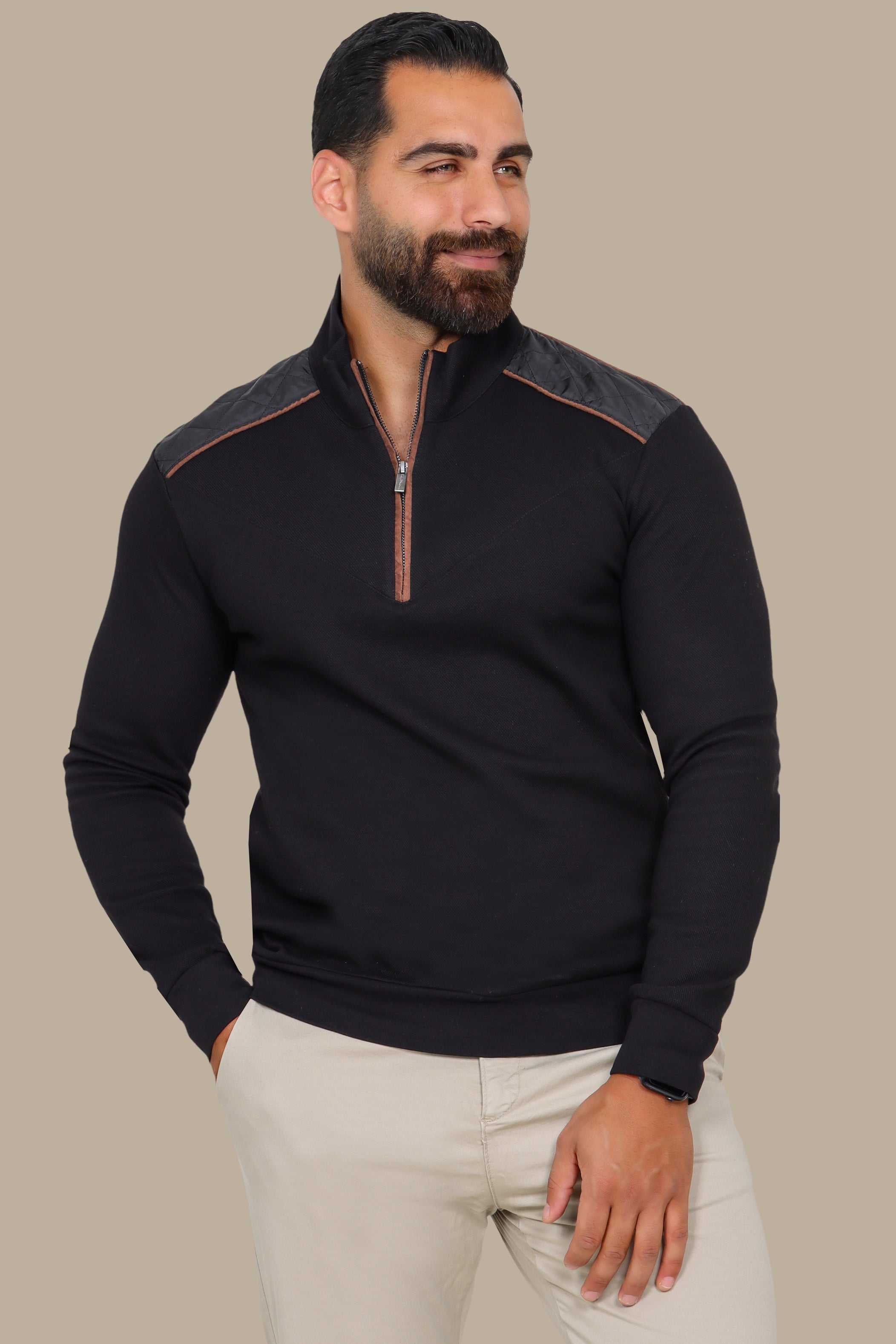 Black Half-Zip Sweater with V-Cut and Shoulder Detail