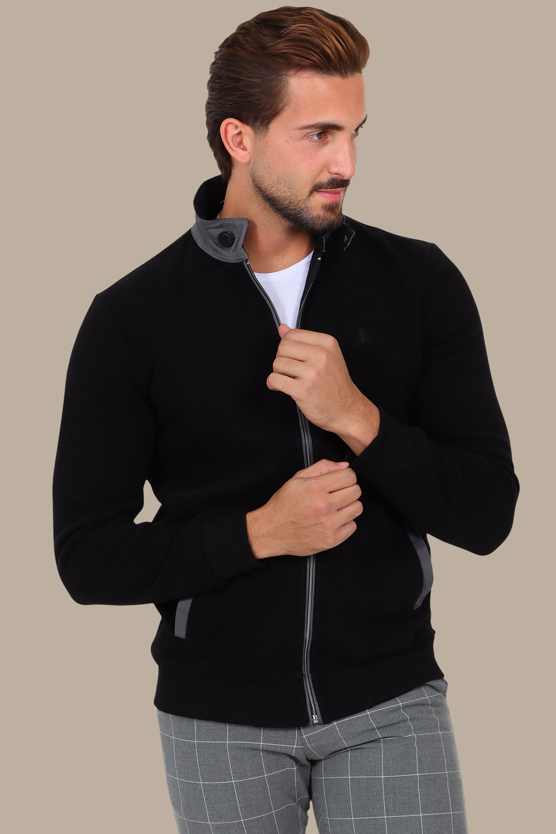 Black Full-Zip Cardigan with Velvet Collar and Buttons