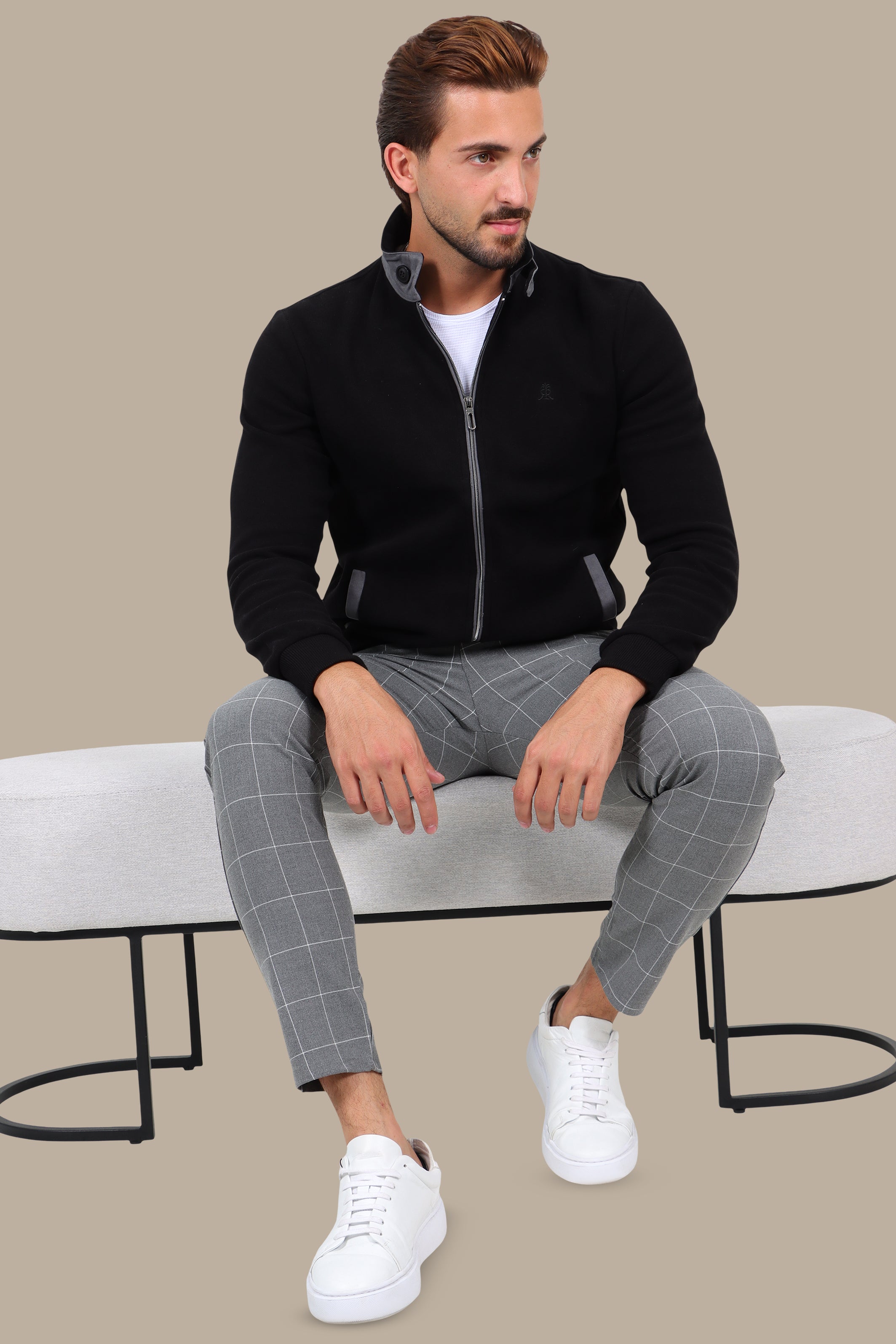 Black Full-Zip Cardigan with Velvet Collar and Buttons