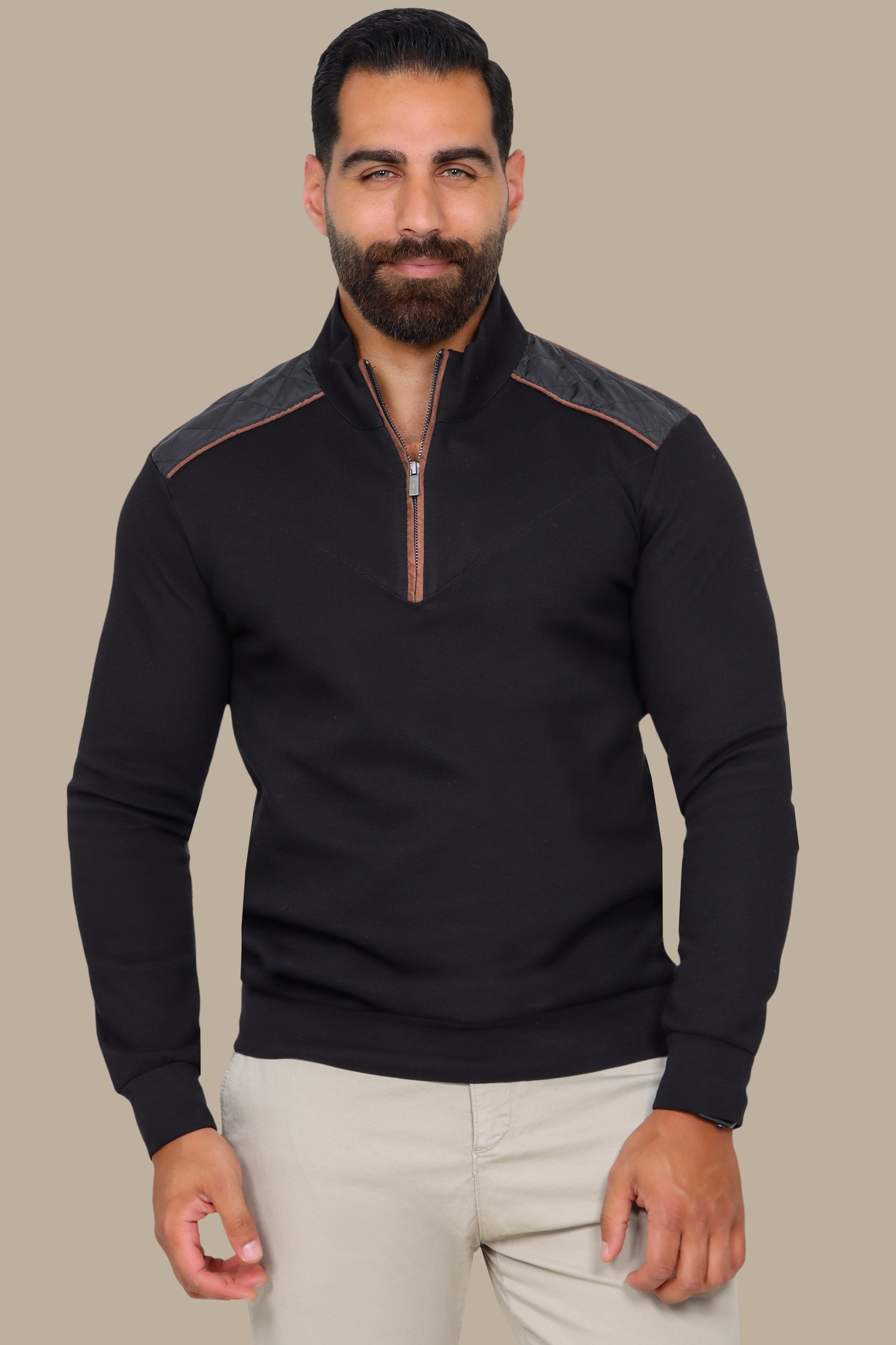 Black Half-Zip Sweater with V-Cut and Shoulder Detail